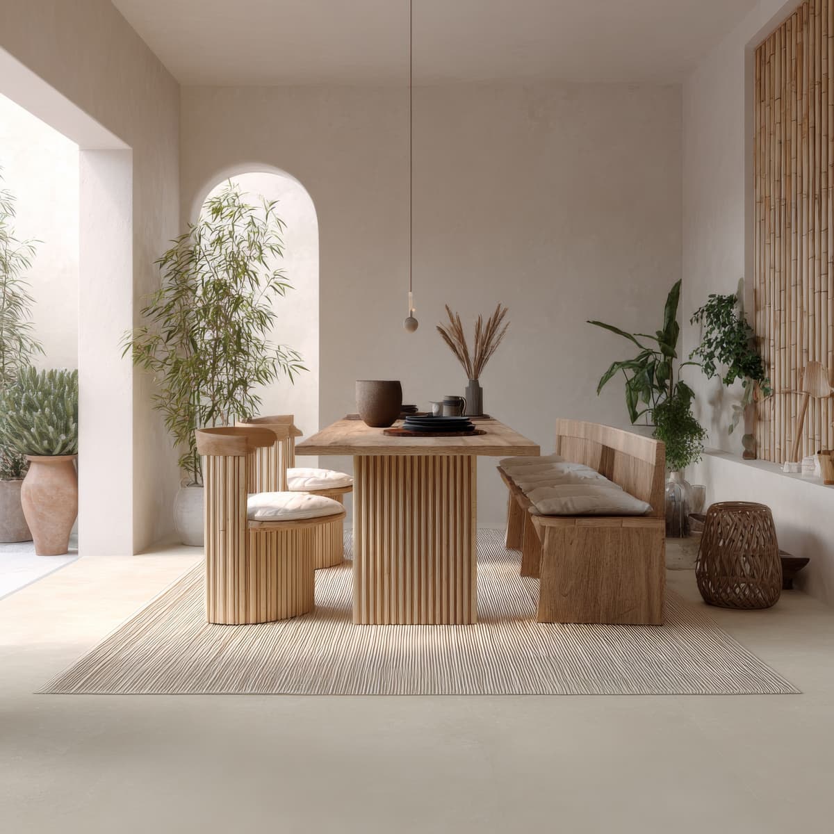 Organic dining room with curved microcement walls
