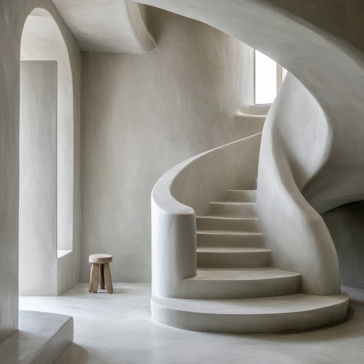 Spiral staircase with seamless microcement finish