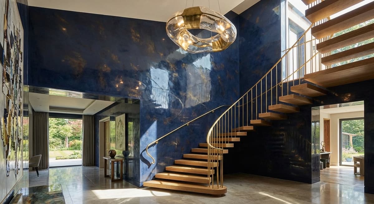 Dramatic dark Venetian plaster entryway
