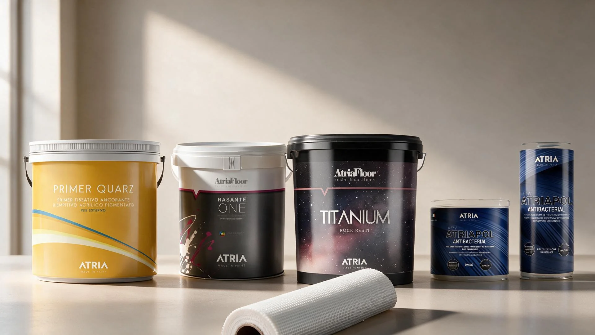 The ATRIA microcement system products in application order: Primer Quarz, Rasante One, Titanium, Atriapol and reinforcing mesh