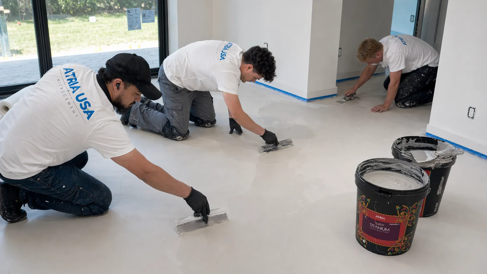 ATRIA USA certified installers applying PURO polyurethane-dolomite microcement floor by steel trowel — open-plan residential install in warm greige finish