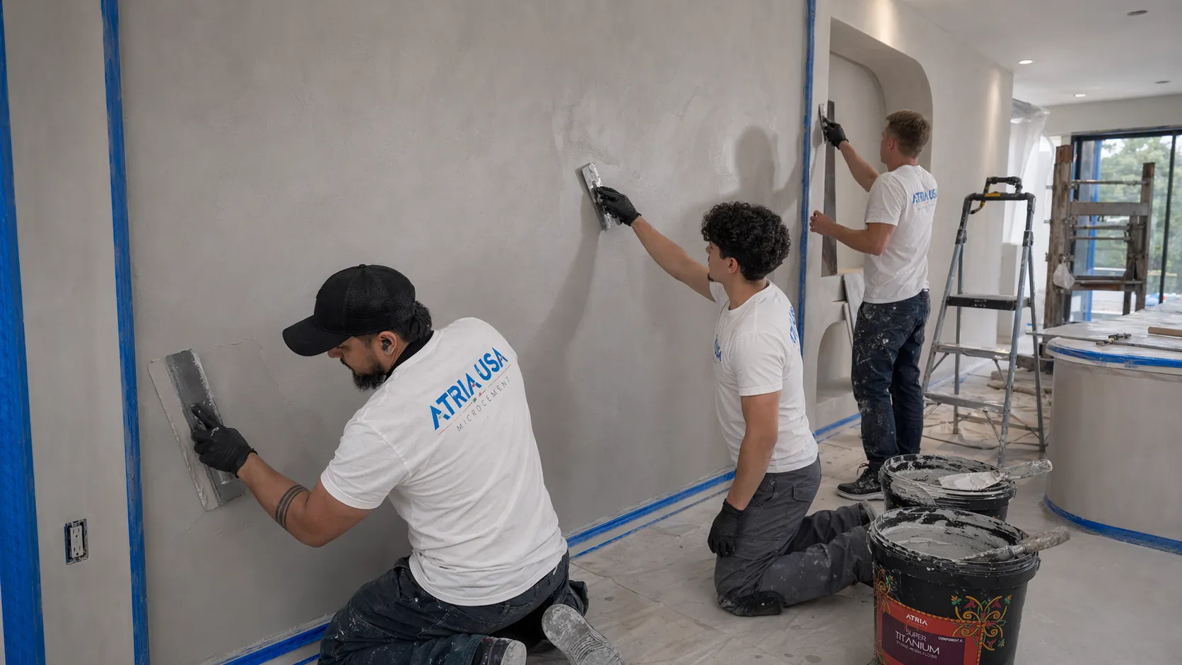 ATRIA USA installers applying PURO microcement to walls by steel trowel — residential great-room wall finish in warm greige