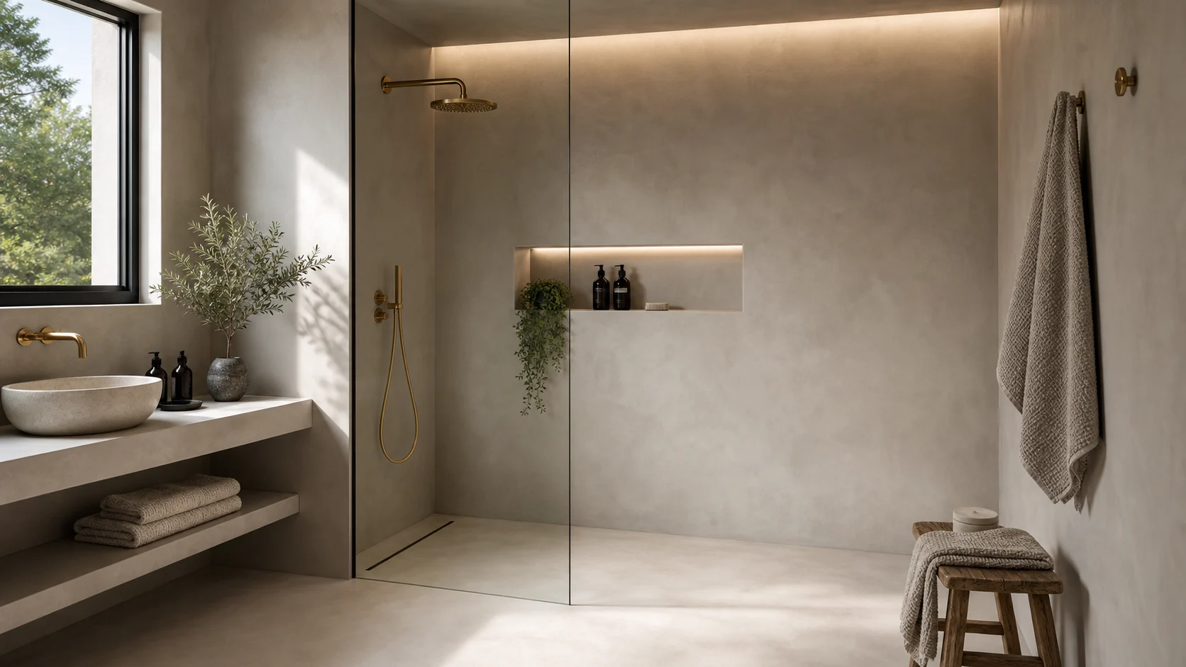 Seamless microcement shower and wet room with no grout lines