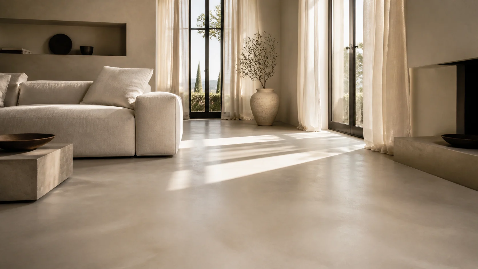 Sunlit living room with non-yellowing warm greige microcement floor