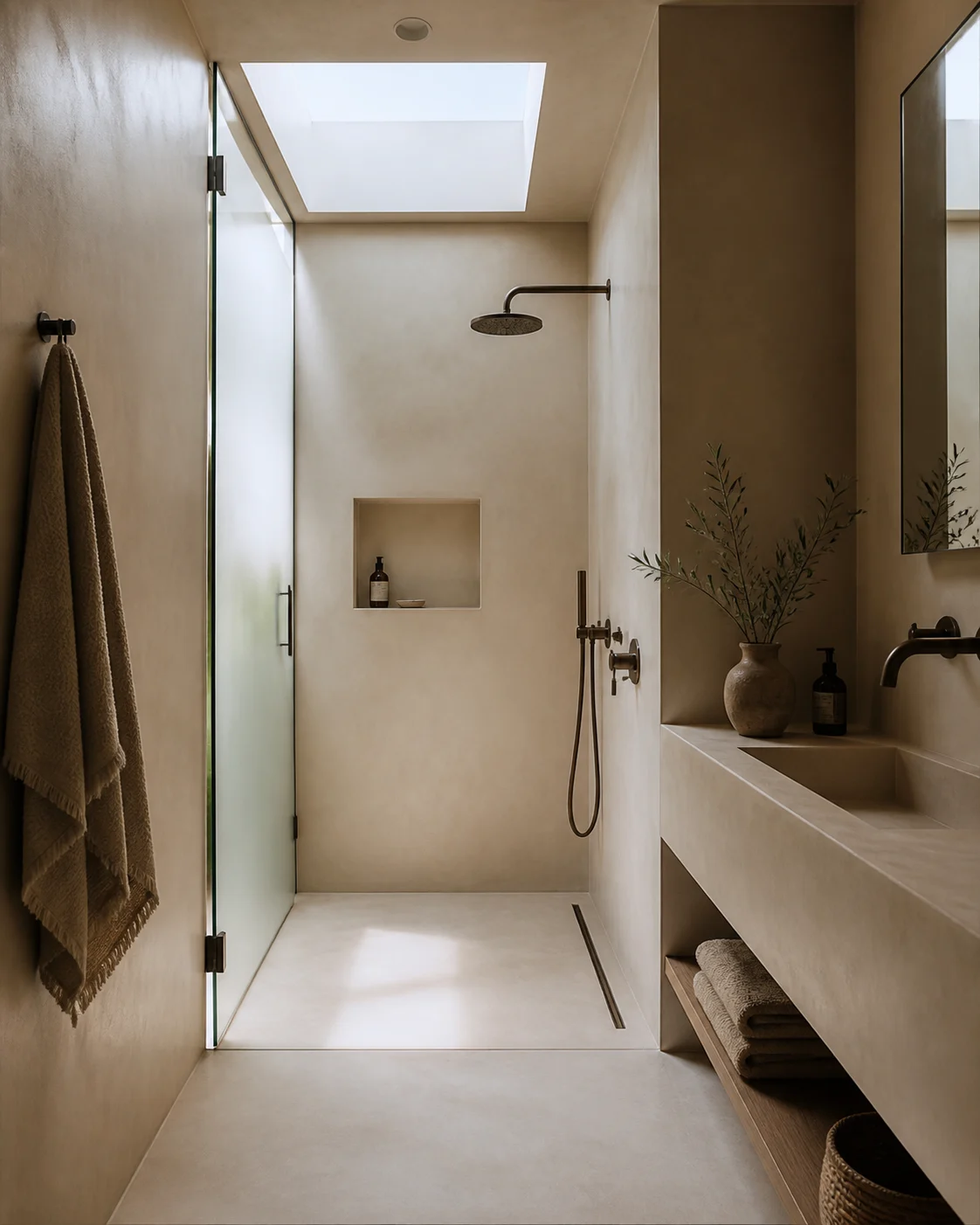 Skylit bathroom with seamless warm greige microcement shower and walls