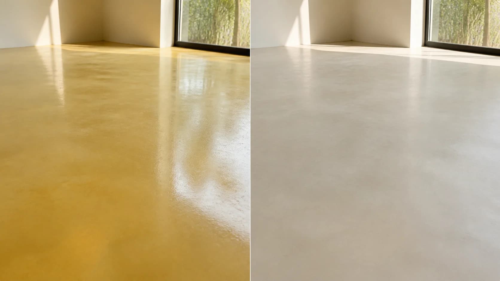 Comparison of ambered glossy resin floor and clean neutral microcement floor under sunlight