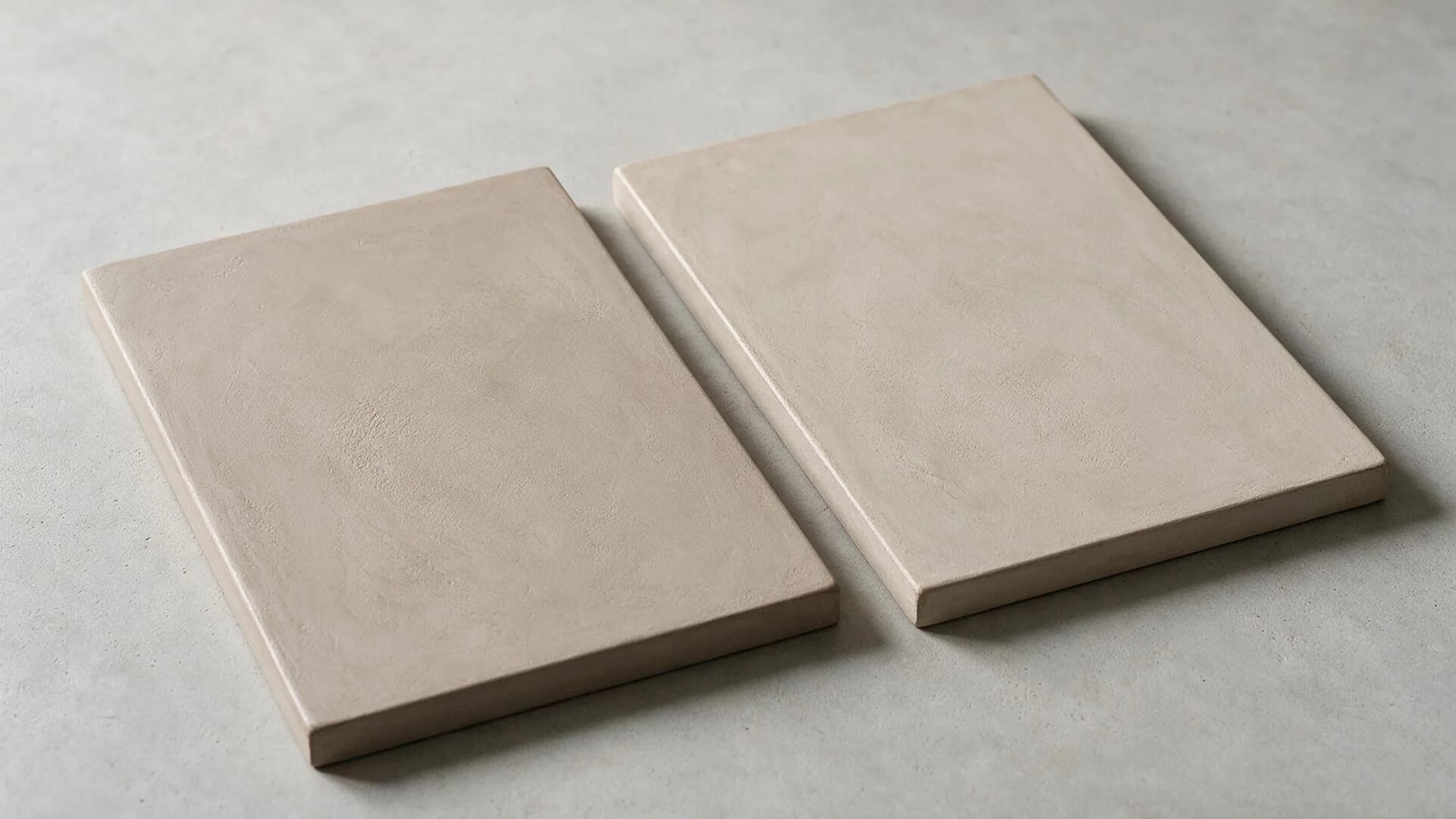 Two hand-finished microcement sample boards side by side for comparison