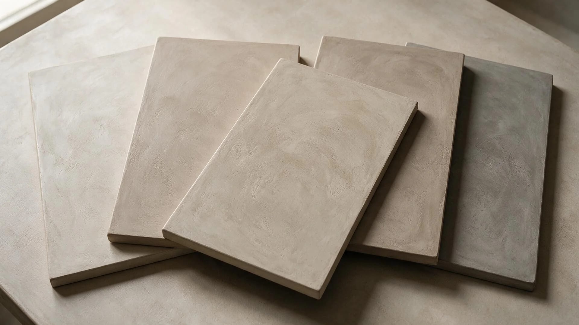 Five microcement sample boards in different neutral tones fanned on a workbench