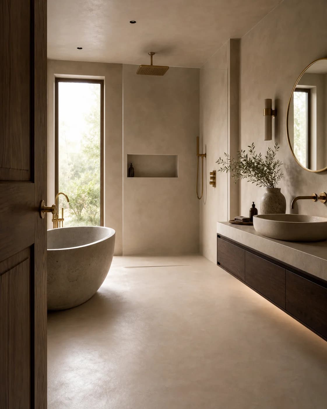 Seamless warm greige microcement bathroom with shower, tub, floor, and walls