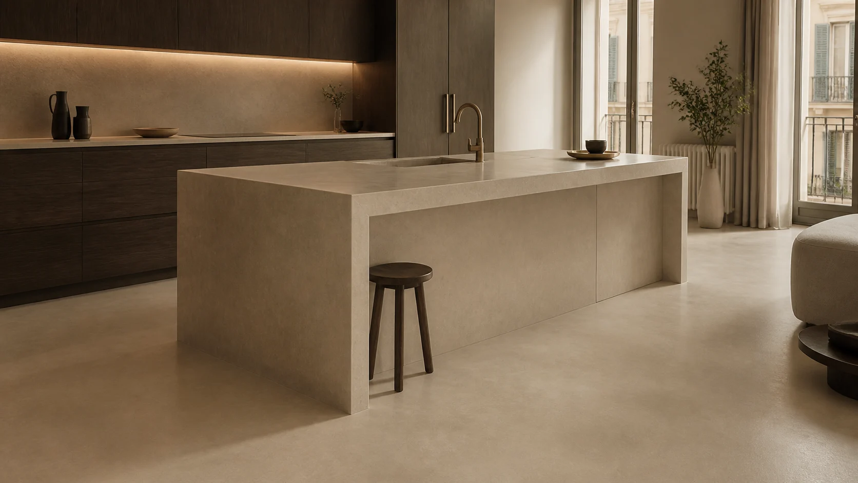Premium seamless microcement kitchen island and floor