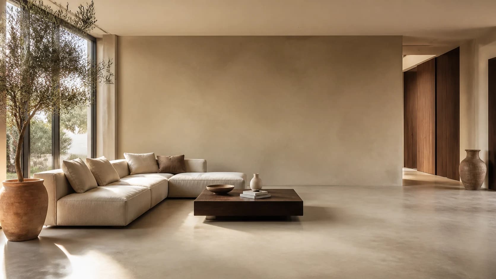 Open-plan living room with continuous warm greige microcement floor and feature wall