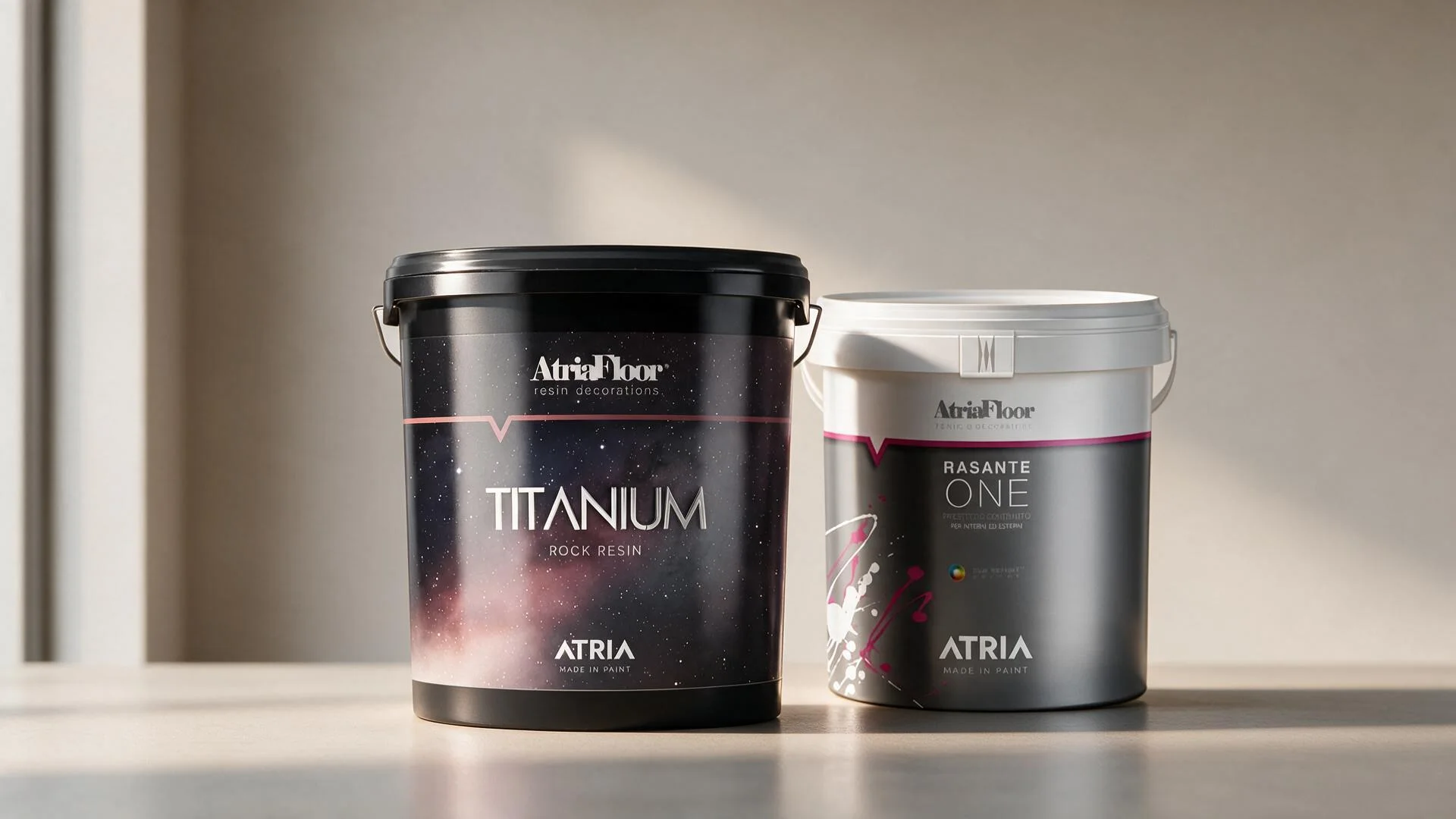 ATRIA Titanium and Atriafloor One Rasante buckets — the two-component polyurethane microcement system
