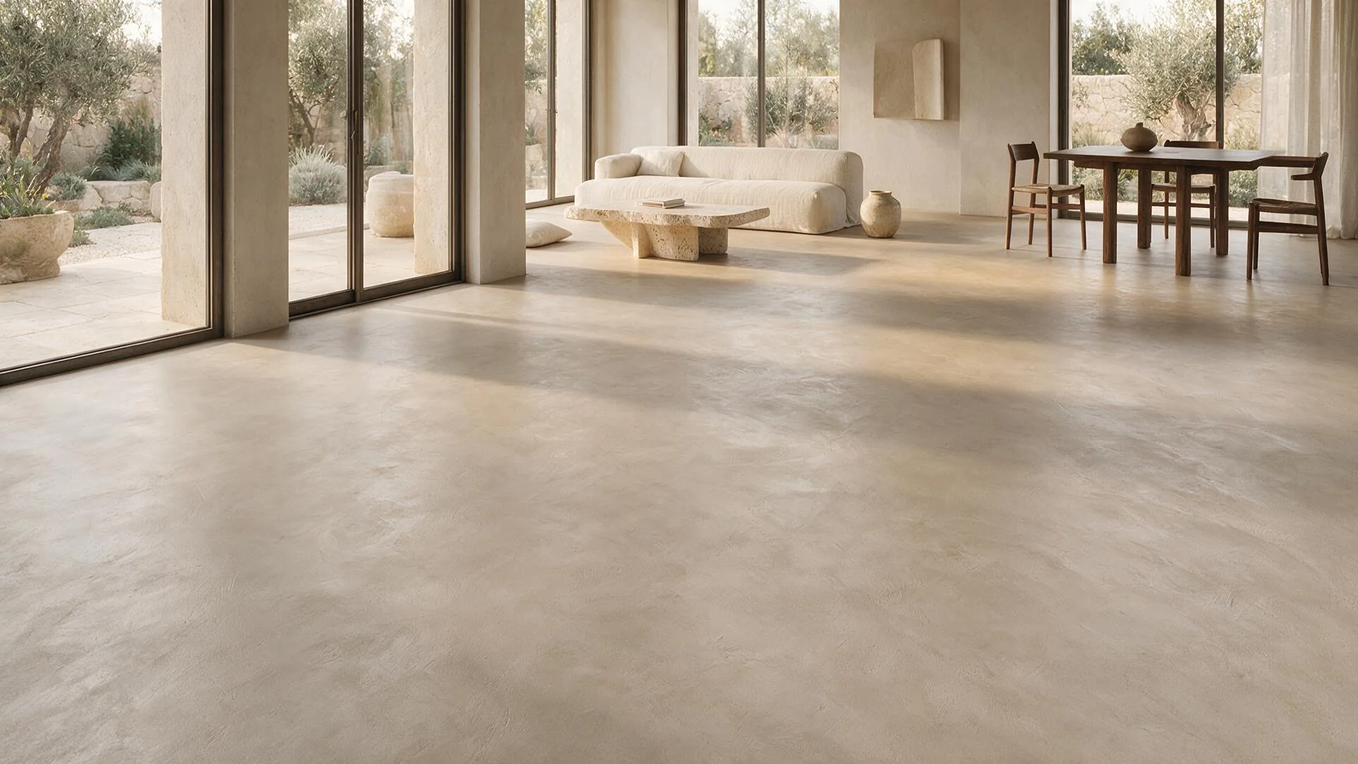 Open-plan living space with a continuous seamless microcement floor