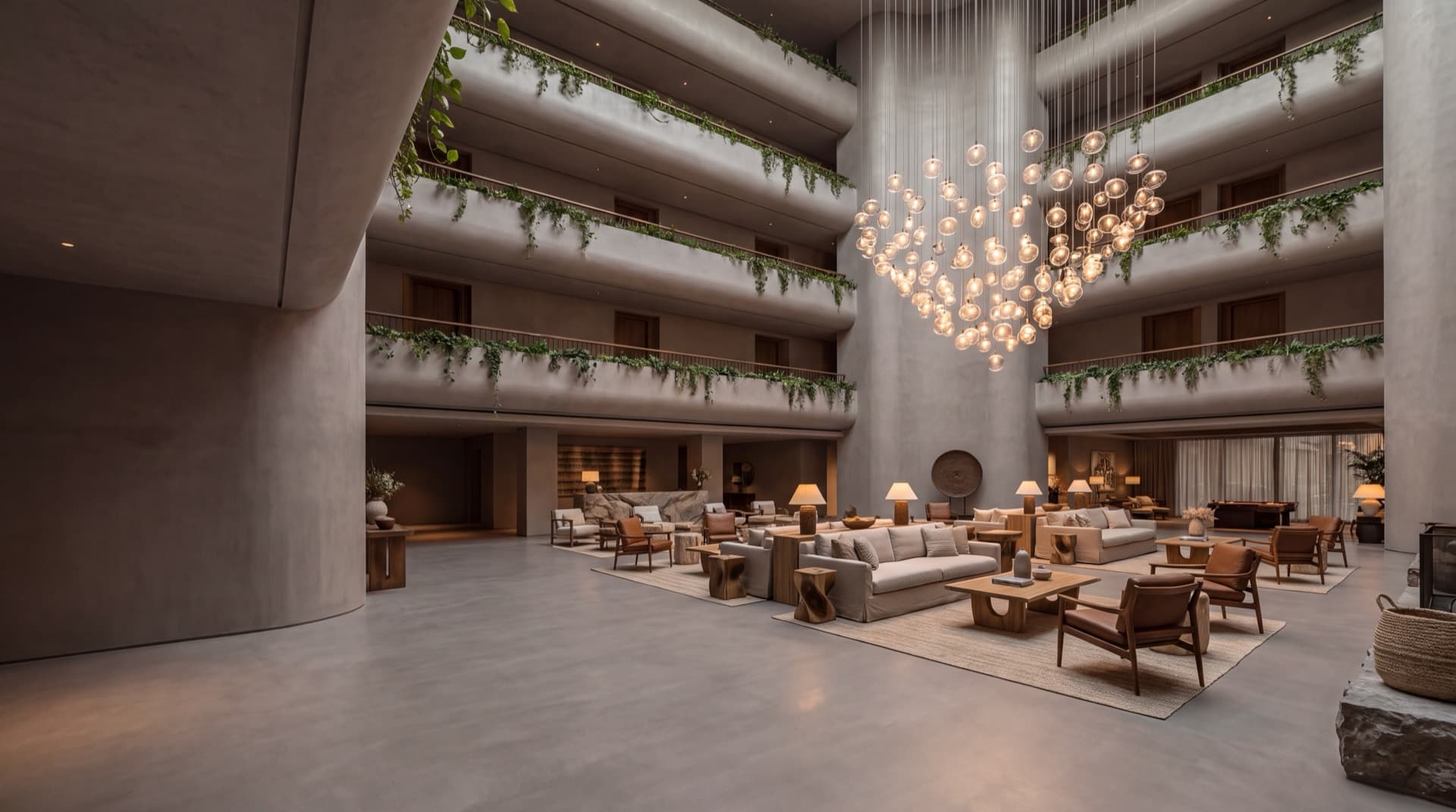 Grand atrium — curved balconies, five storeys — concept visualization