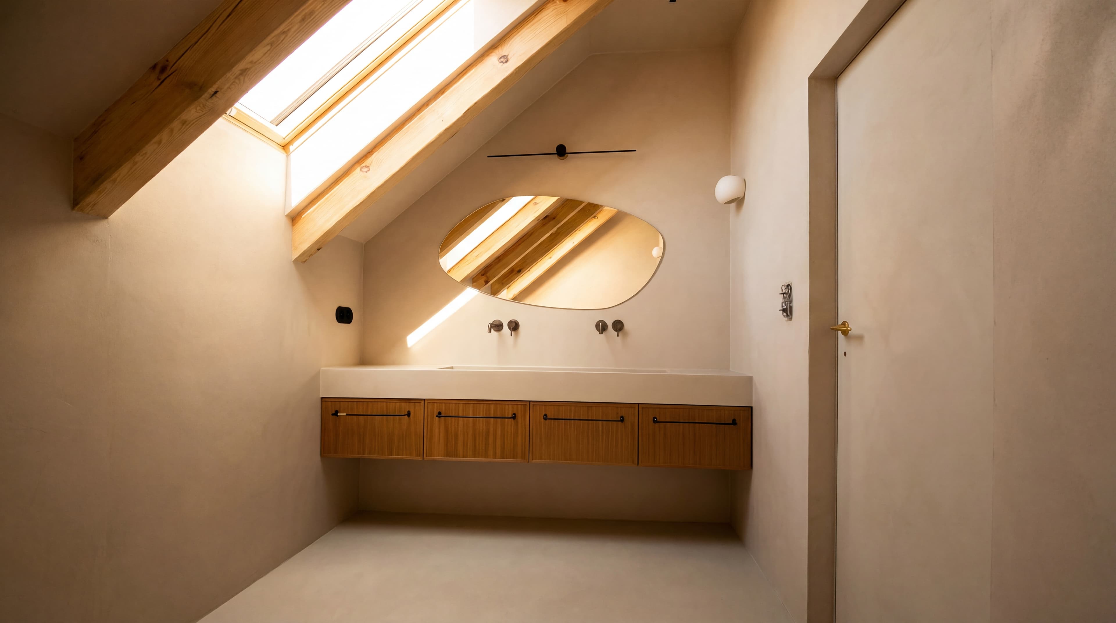 Attic Vanity — Floating wood vanity under sloped ceiling