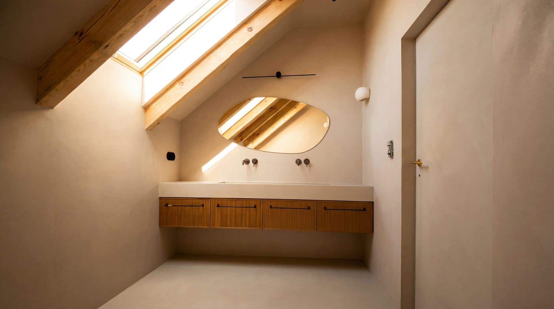 Attic Vanity — Floating wood vanity under sloped ceiling