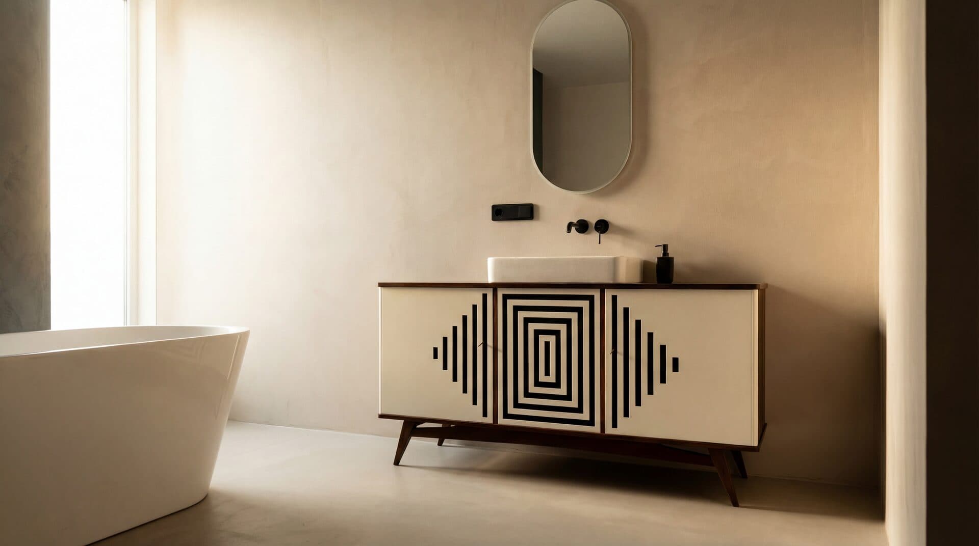 Curved Tub Niche — Recessed bathtub with curved microcement surround
