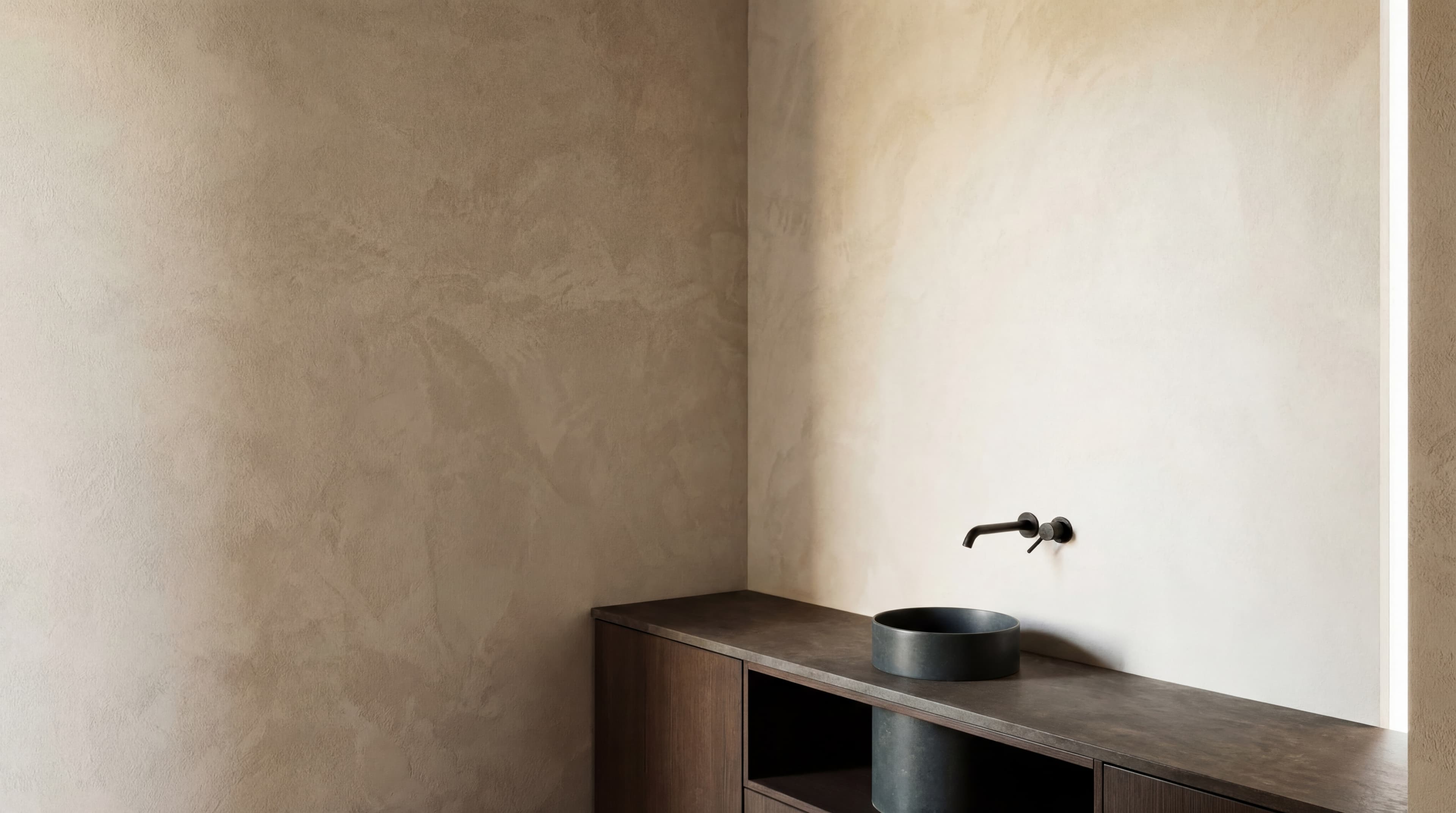 Dark Moody Bath — Sand/taupe walls with black vessel sink