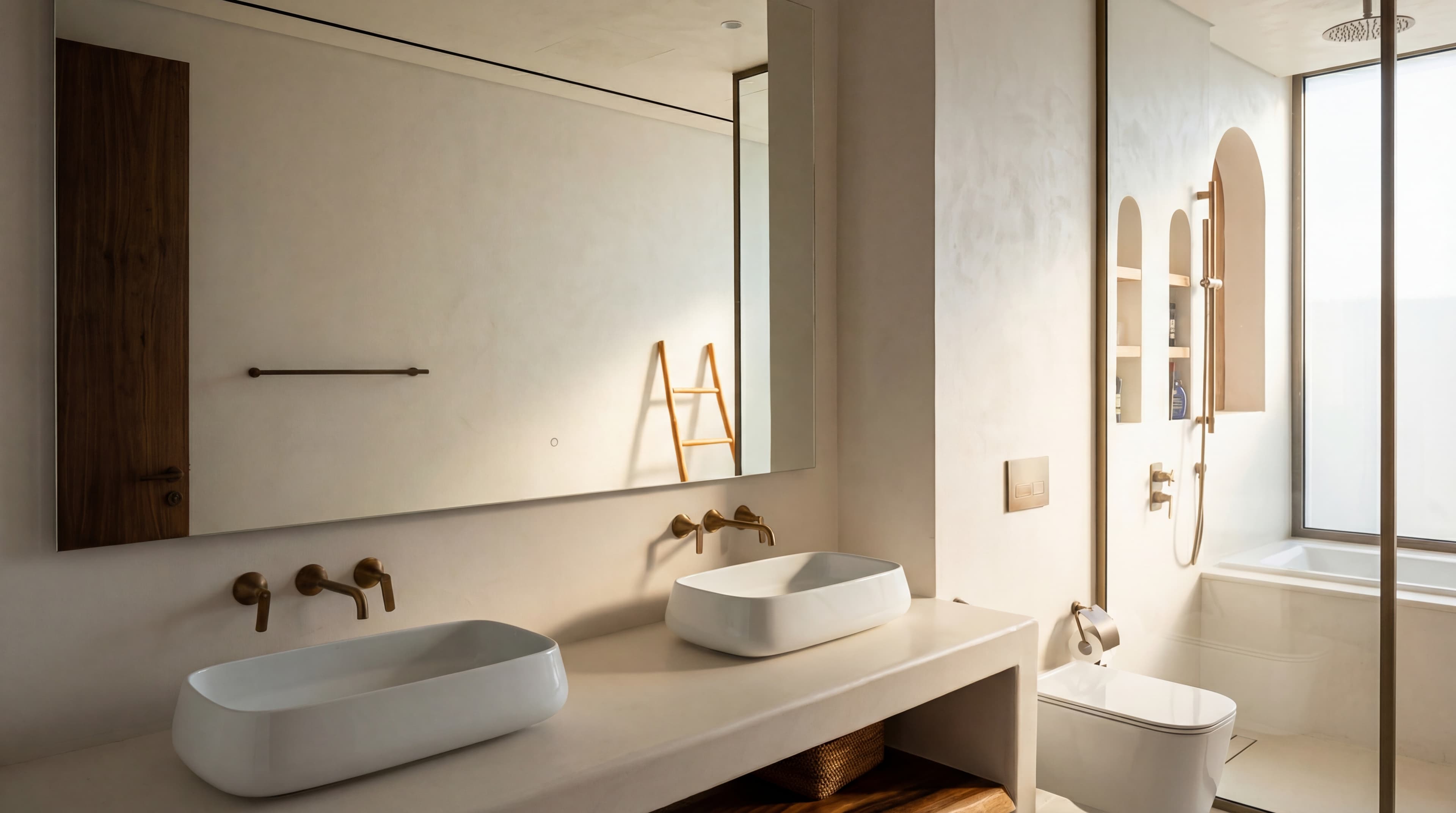 Double Vanity — Brass fixtures with arched shower niche