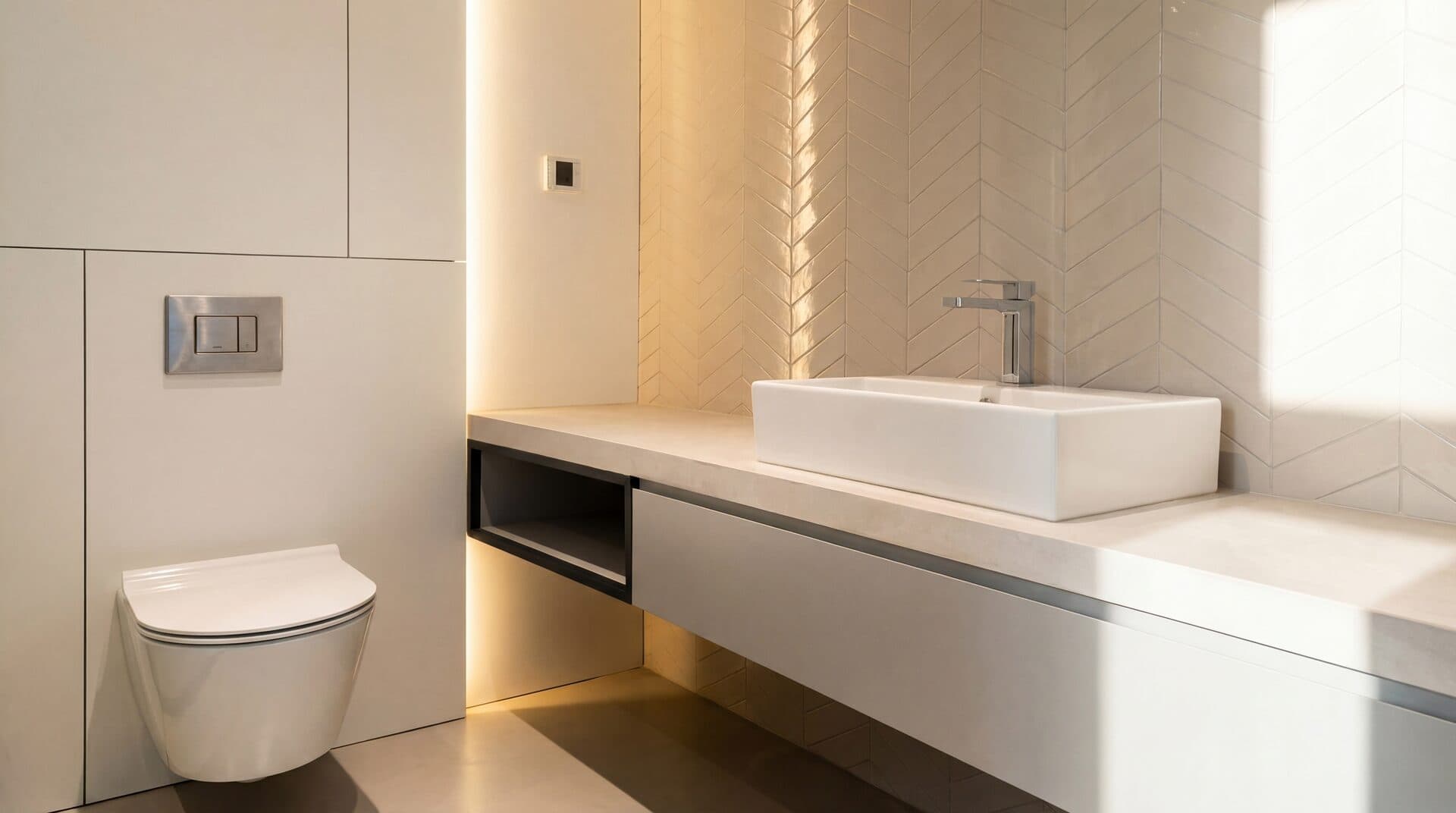 Floating Vanity — Pendant light with floating wood vanity