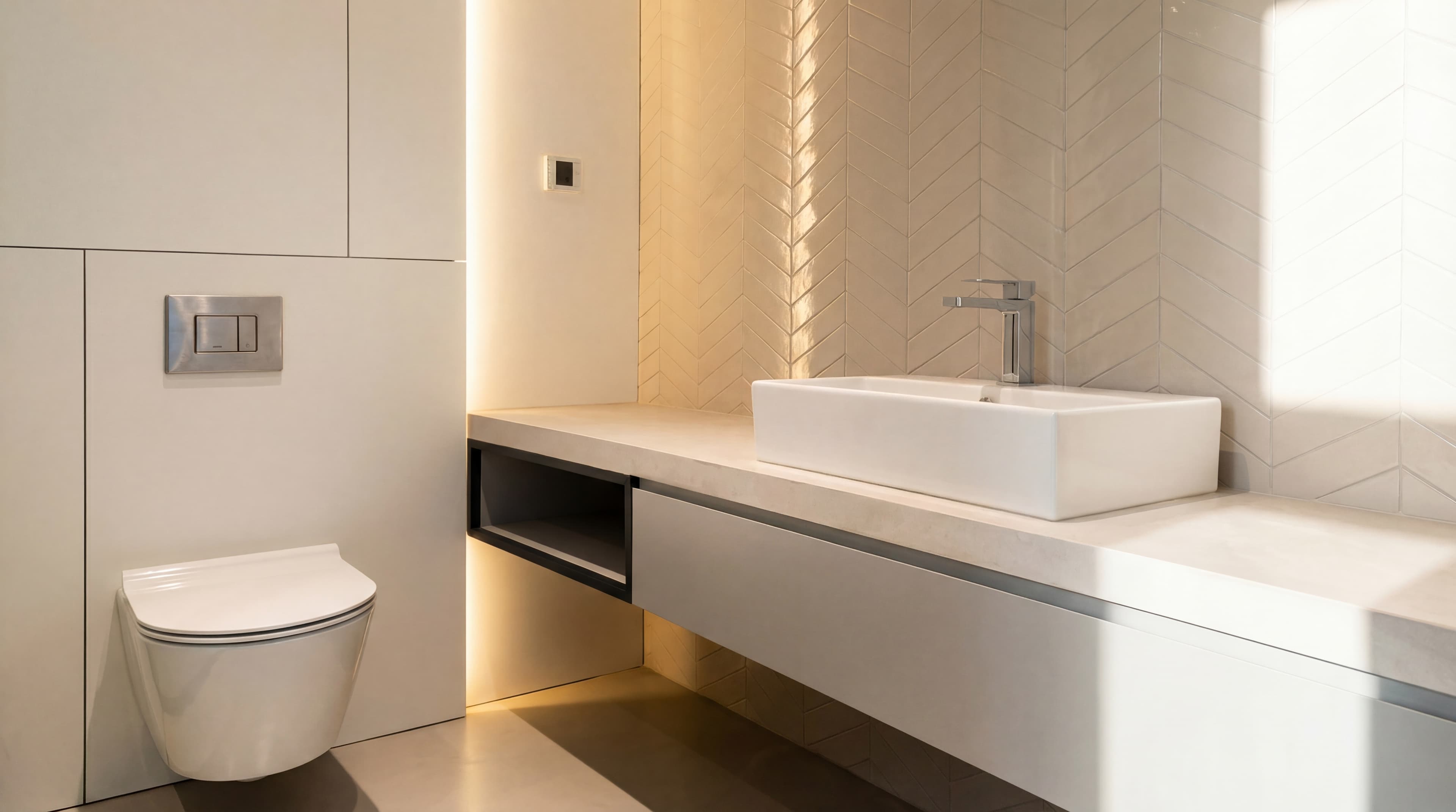 Floating Vanity — Pendant light with floating wood vanity