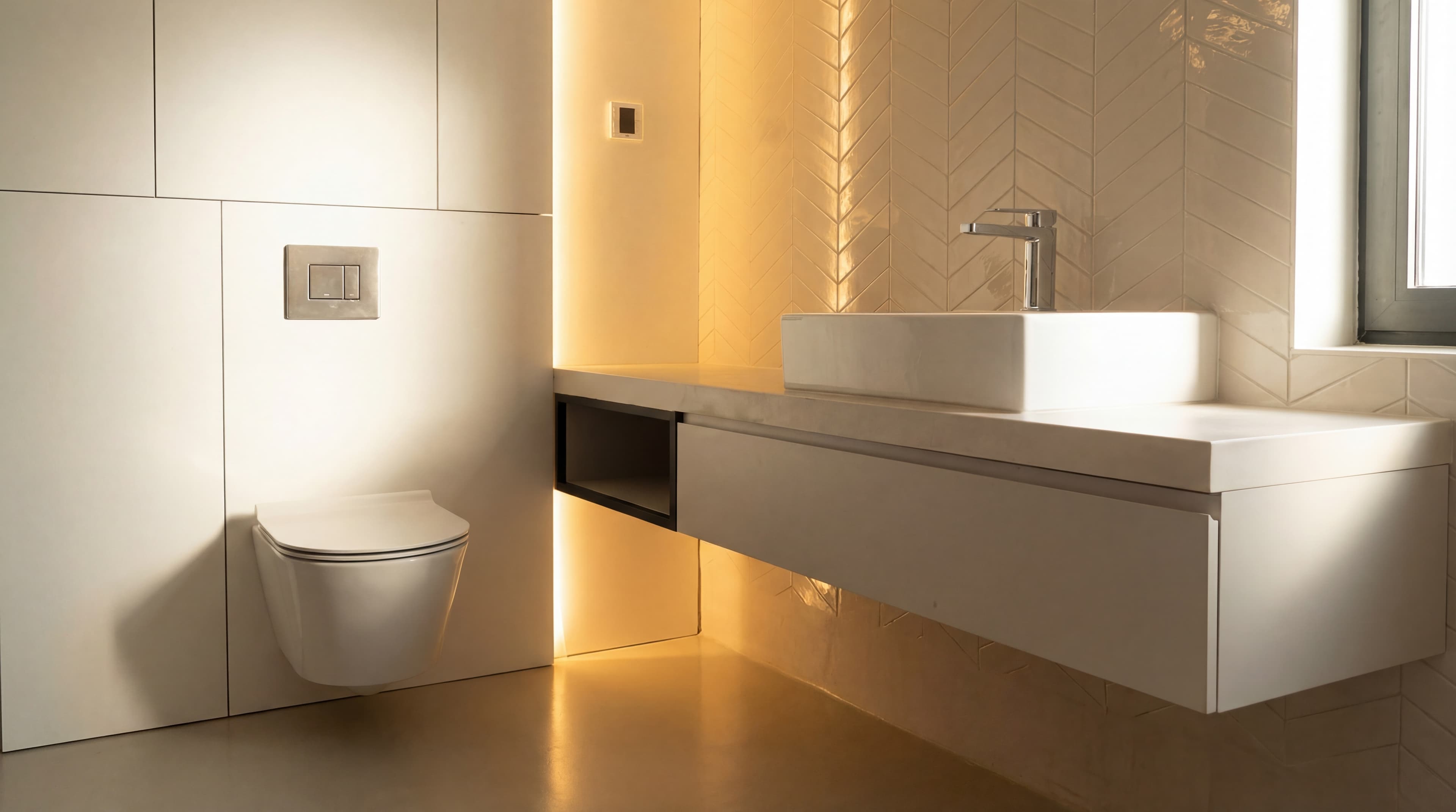 Oval Soaking Tub — Freestanding oval tub on seamless microcement