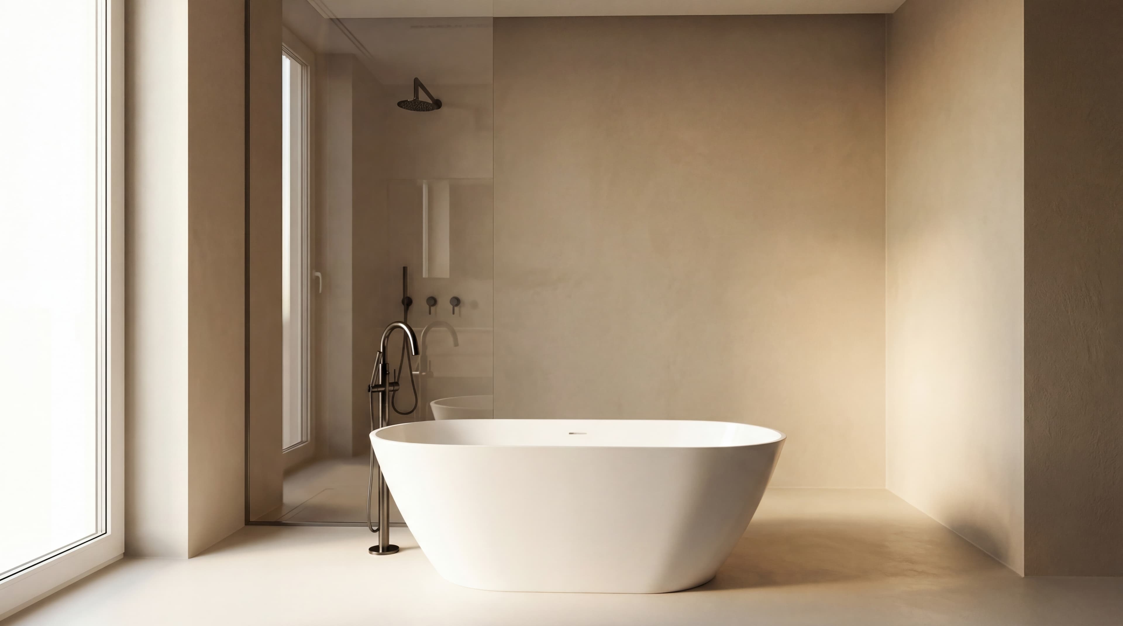 Minimal Soaking Tub — Freestanding bath with rain shower