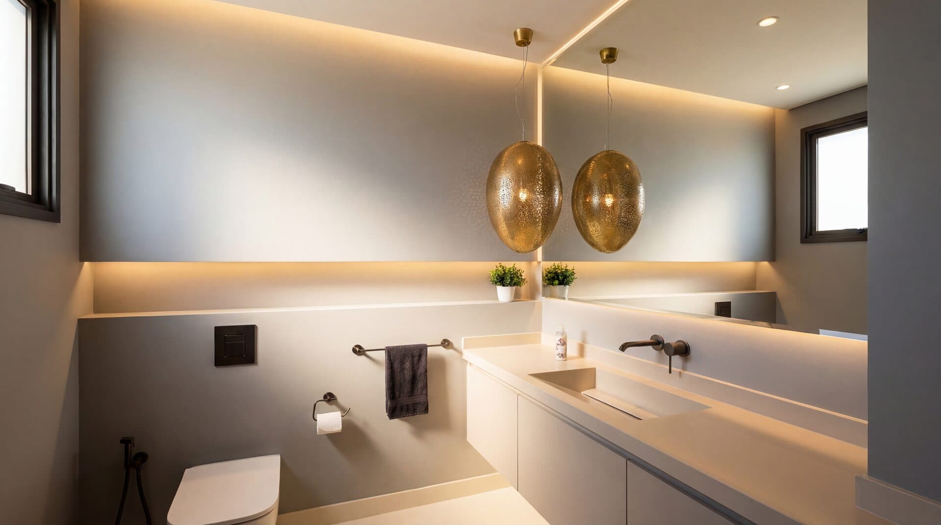 Gold Mesh Pendants — LED strip behind vanity mirror