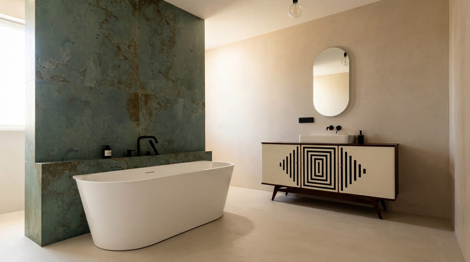 Green Patina Bath — Oxidized stone feature wall with freestanding tub