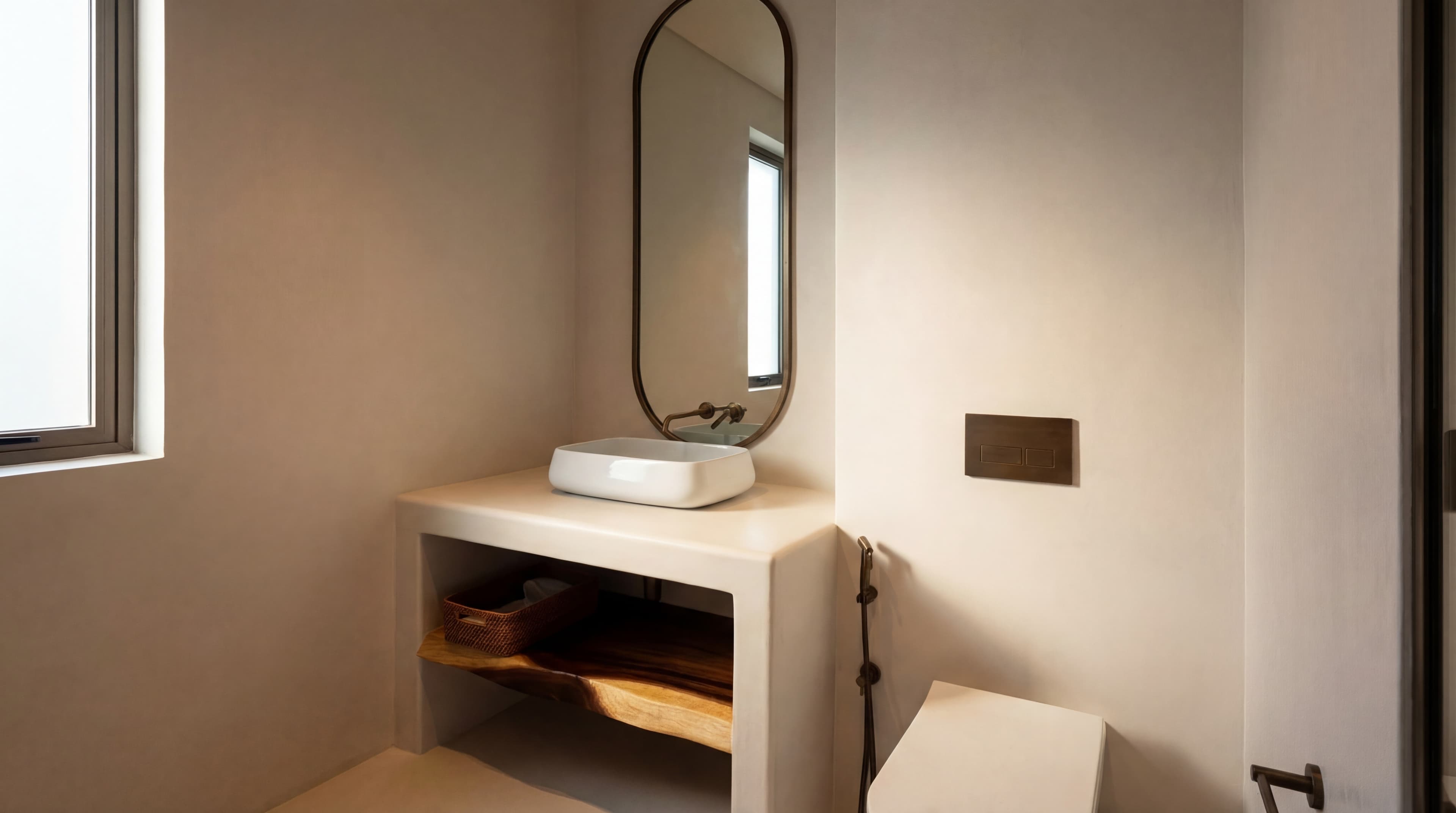 Powder Room — Vessel sink with live-edge wood shelf