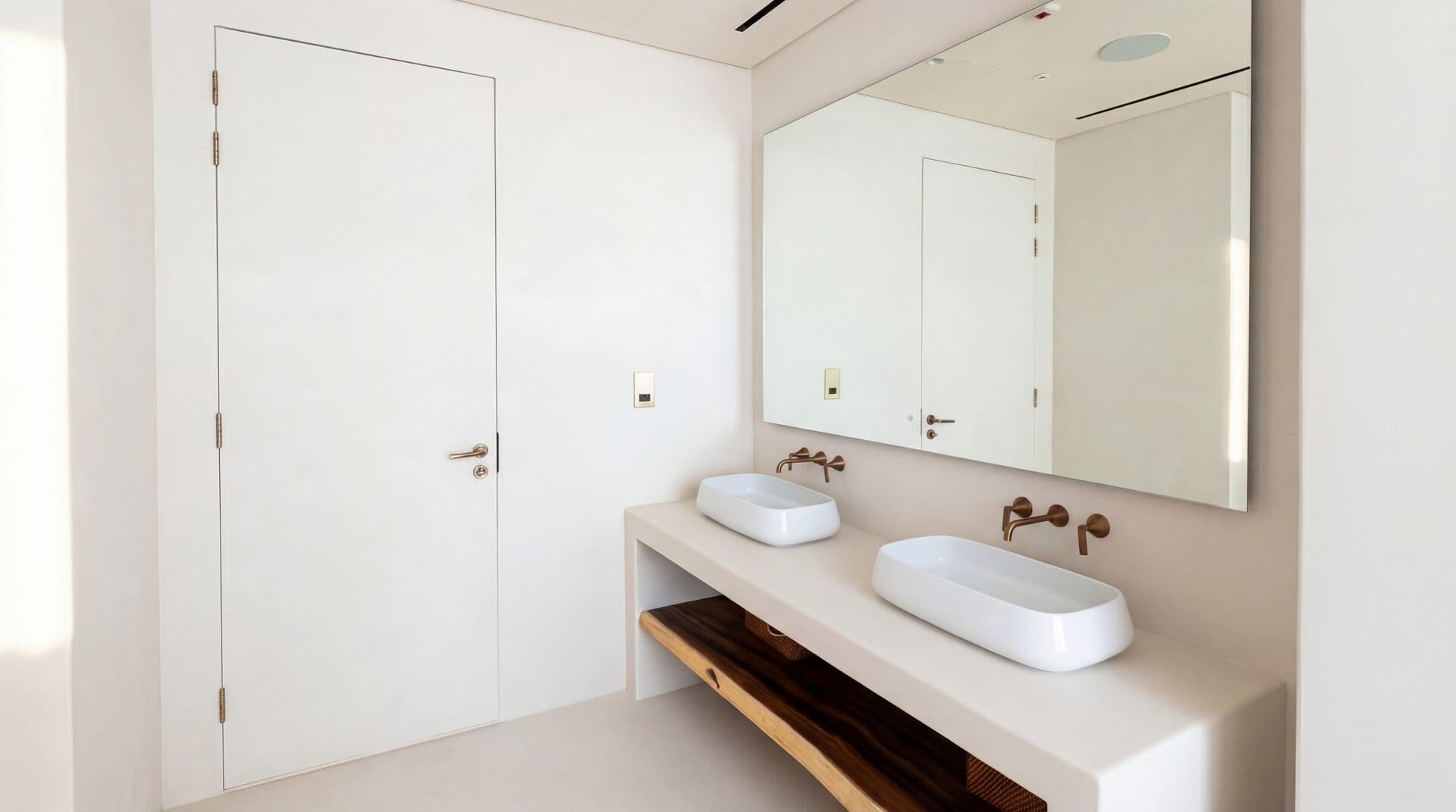 Copper Vessel Sinks — Double basin with wall-mounted faucets