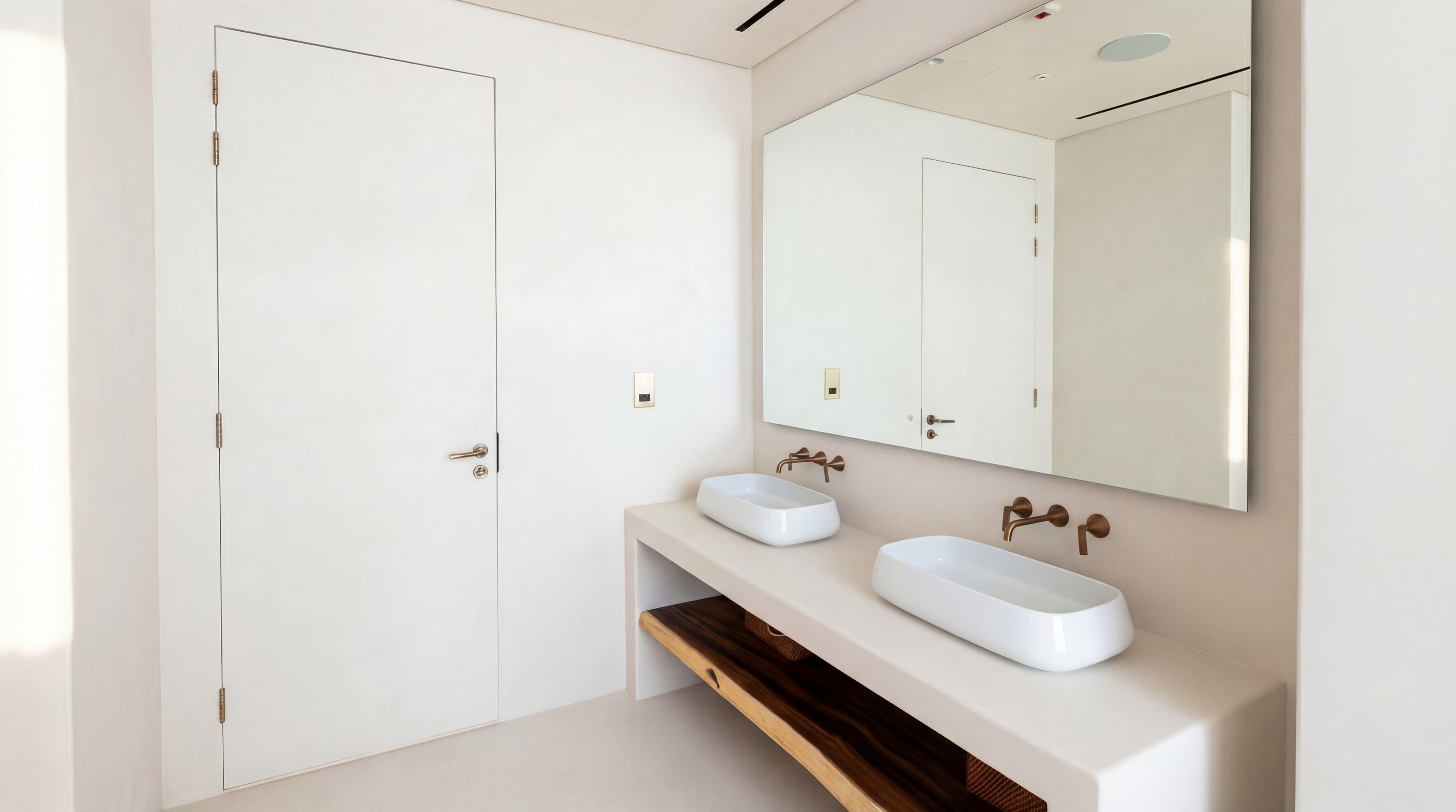 Copper Vessel Sinks — Double basin with wall-mounted faucets