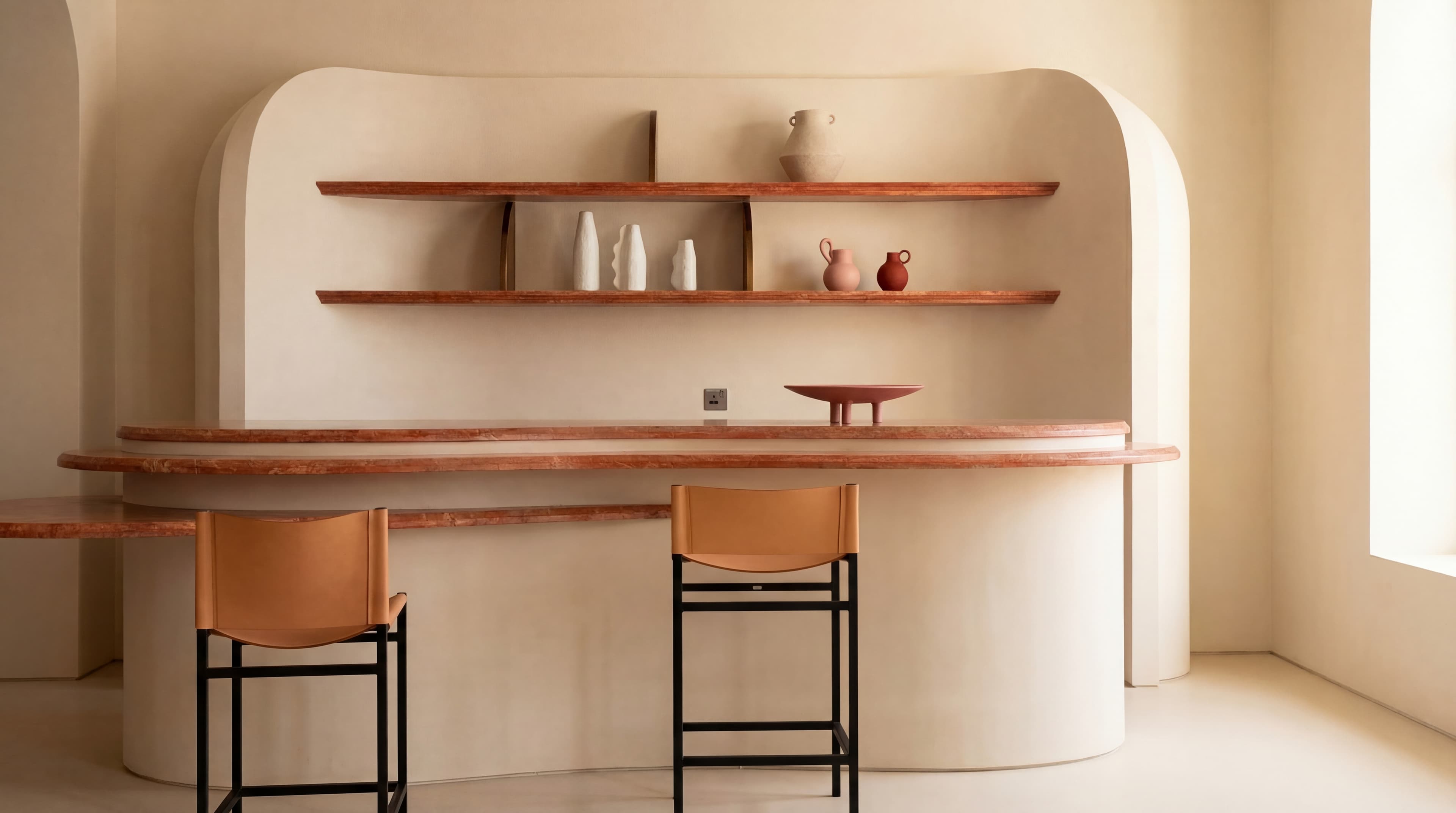 Curved Island — Microcement with live-edge wood counter