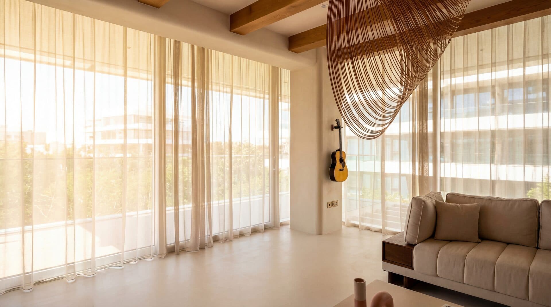 Rattan Sculpture — Oversized pendant with guitar on wall