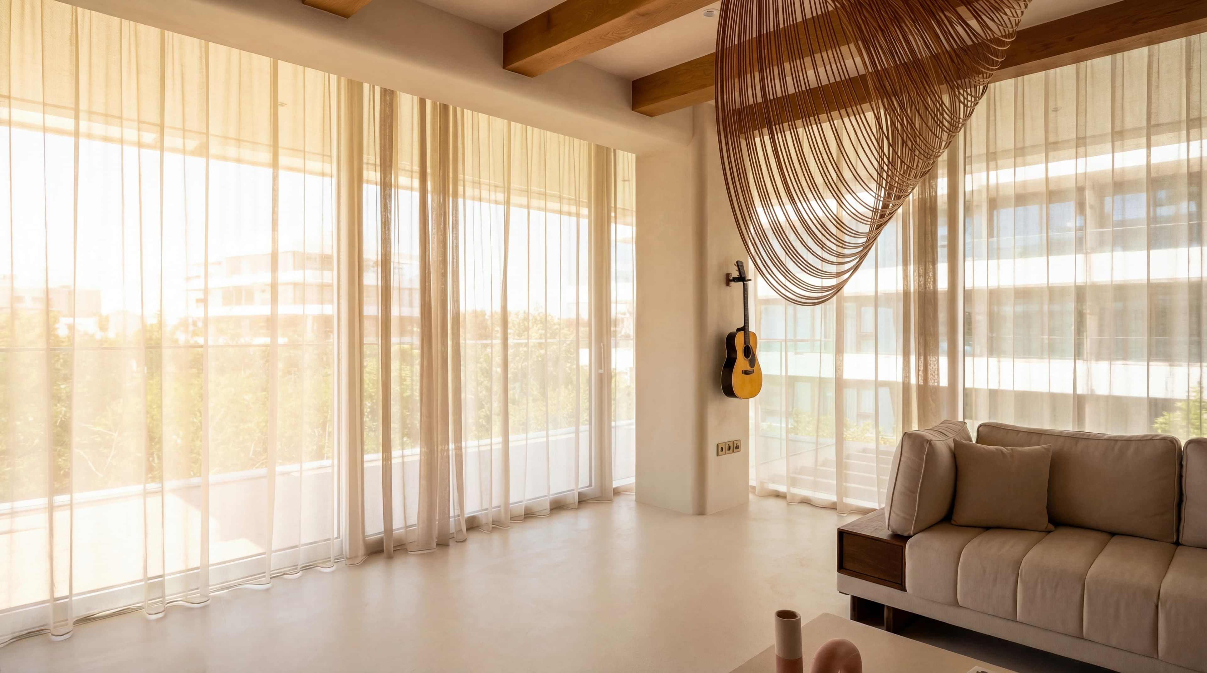 Rattan Sculpture — Oversized pendant with guitar on wall