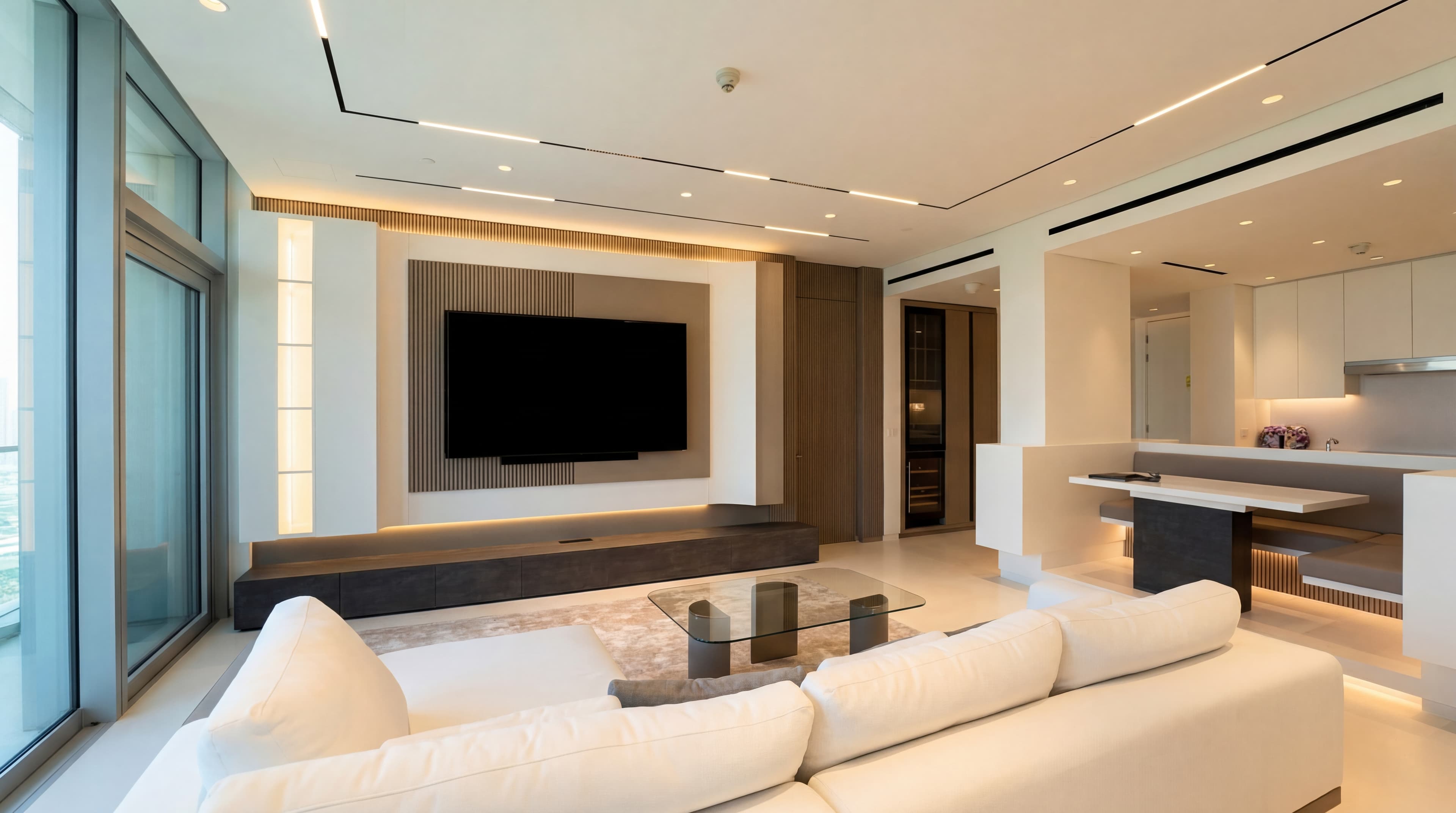Linear LED Living — TV wall with slatted panel
