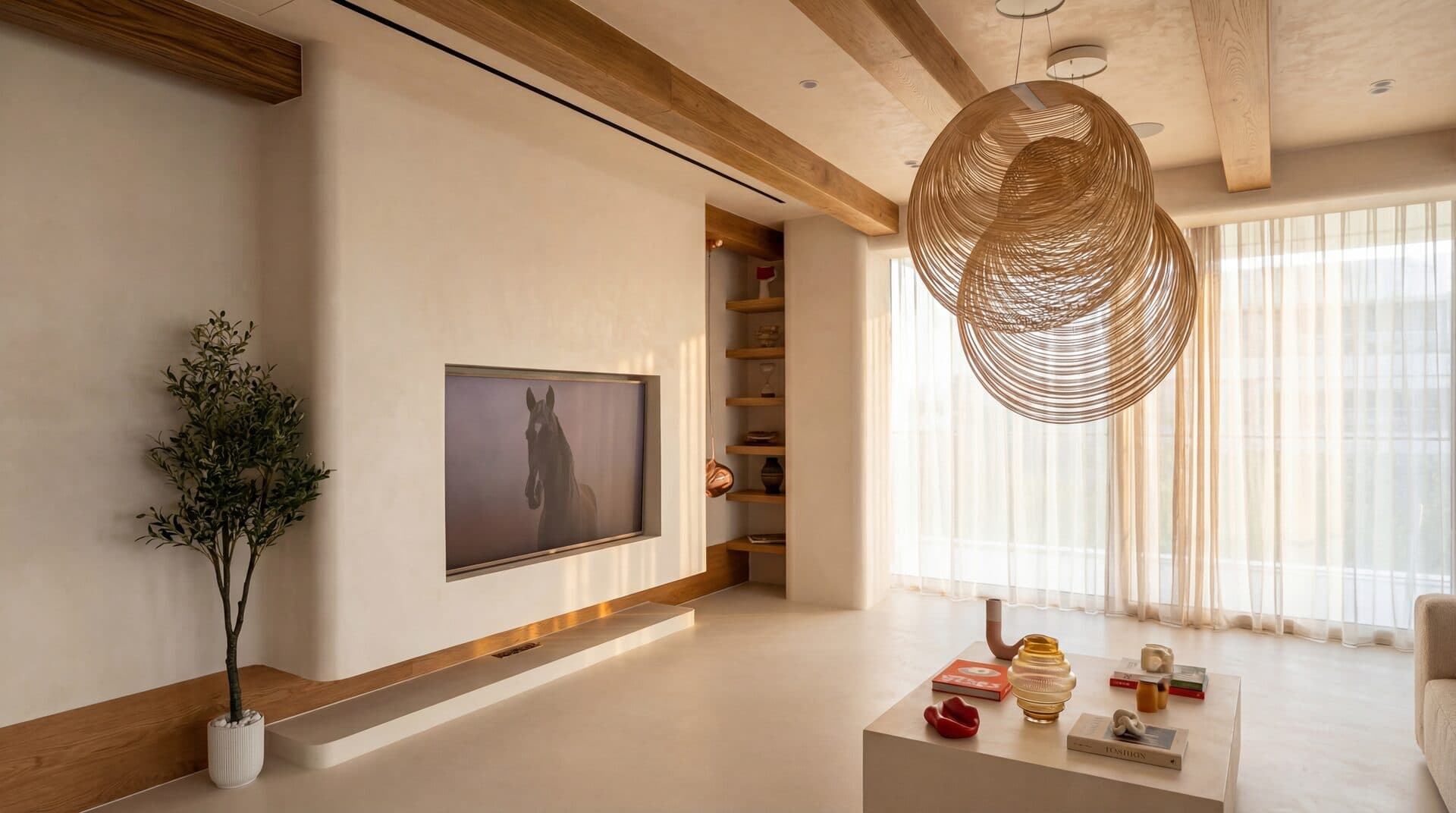 TV Lounge — Rattan globe pendant with built-in shelving