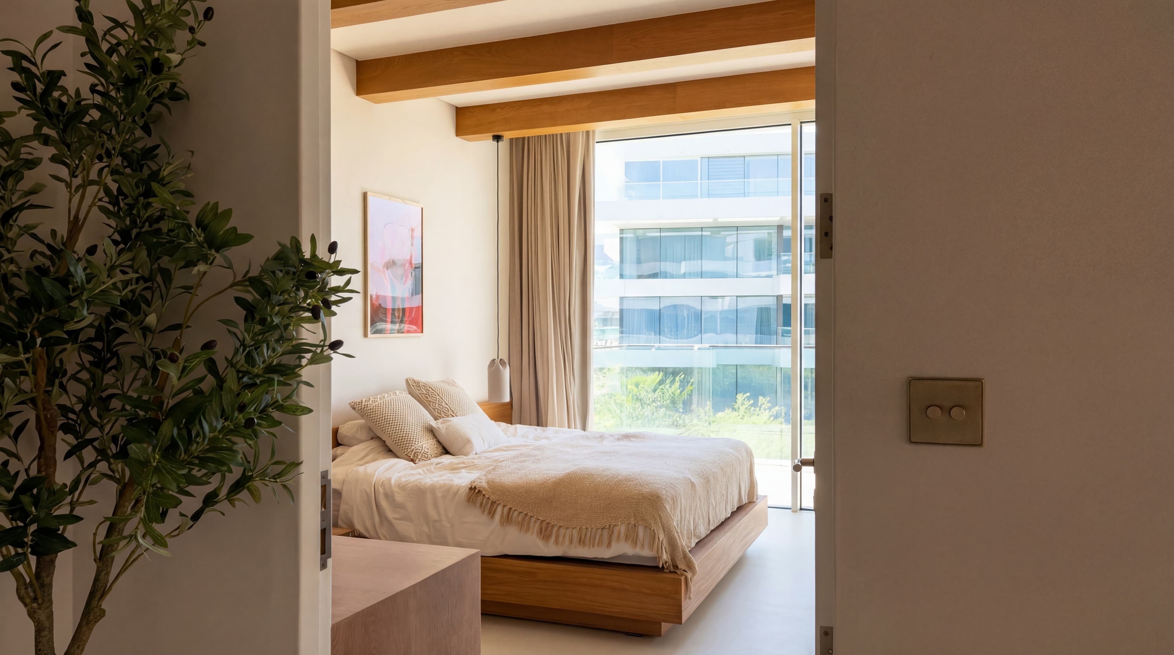 Garden Bedroom — Exposed beams with olive tree