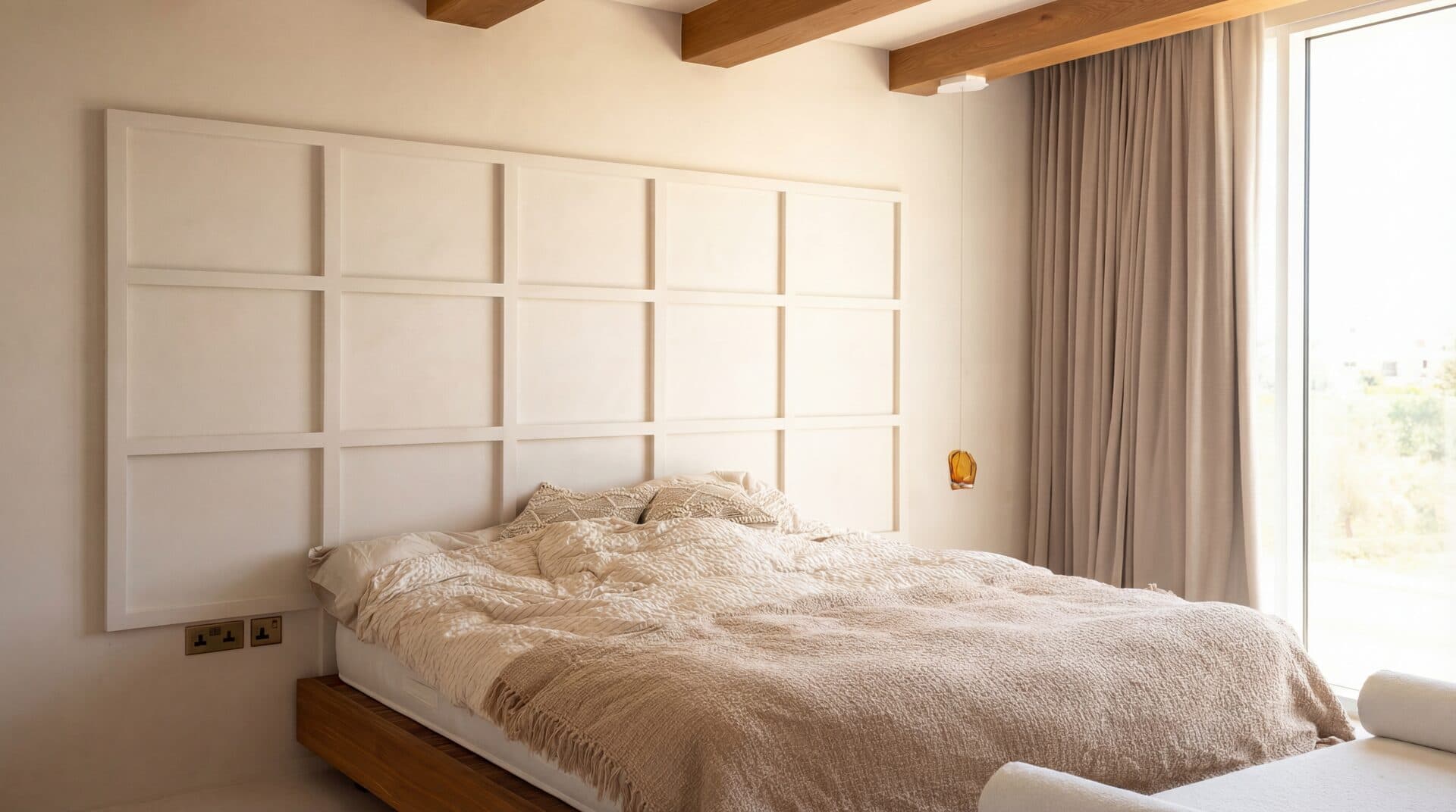 Beam Bedroom — Exposed wood with paneled headboard