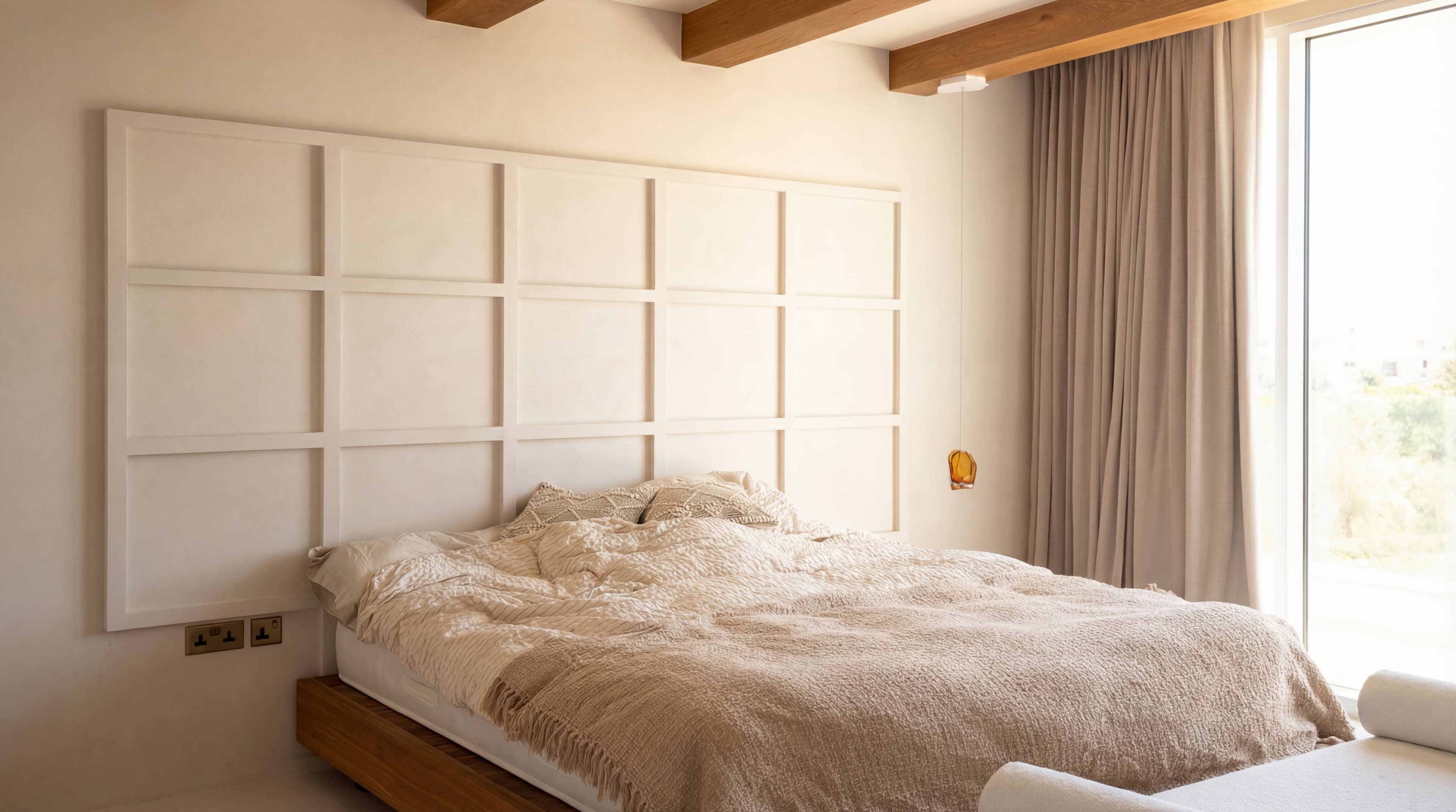 Beam Bedroom — Exposed wood with paneled headboard