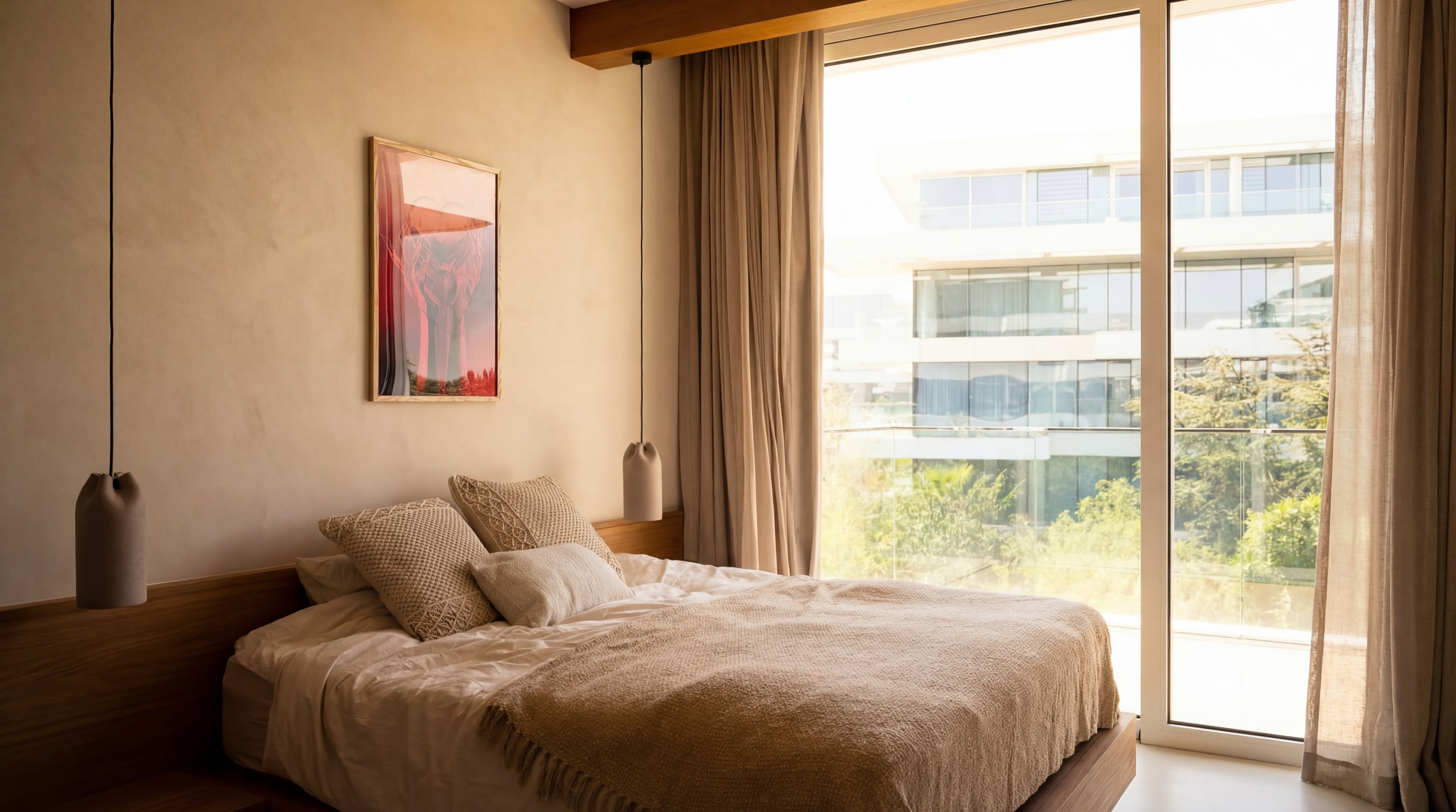 Pink Art Bedroom — Wood platform bed with pink artwork