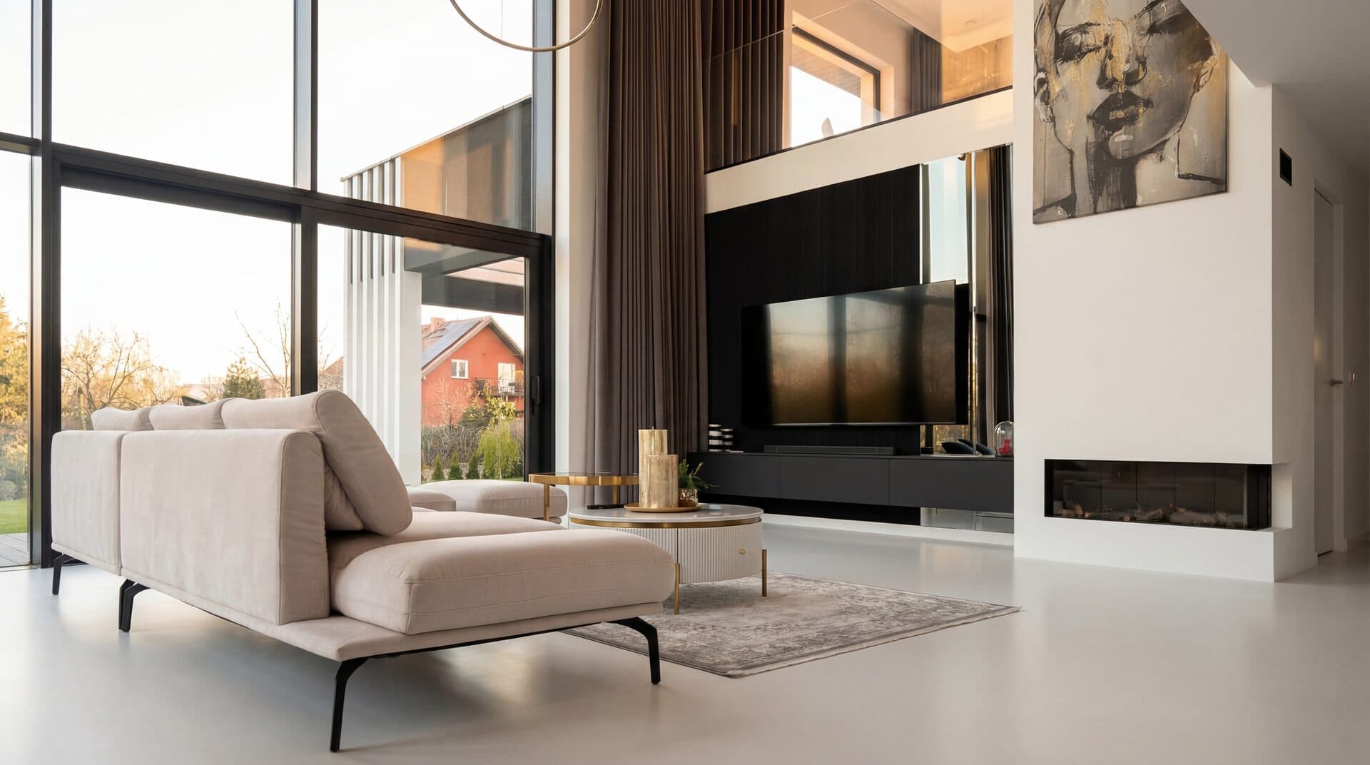Dramatic Drapes — Dark curtains with light microcement floor