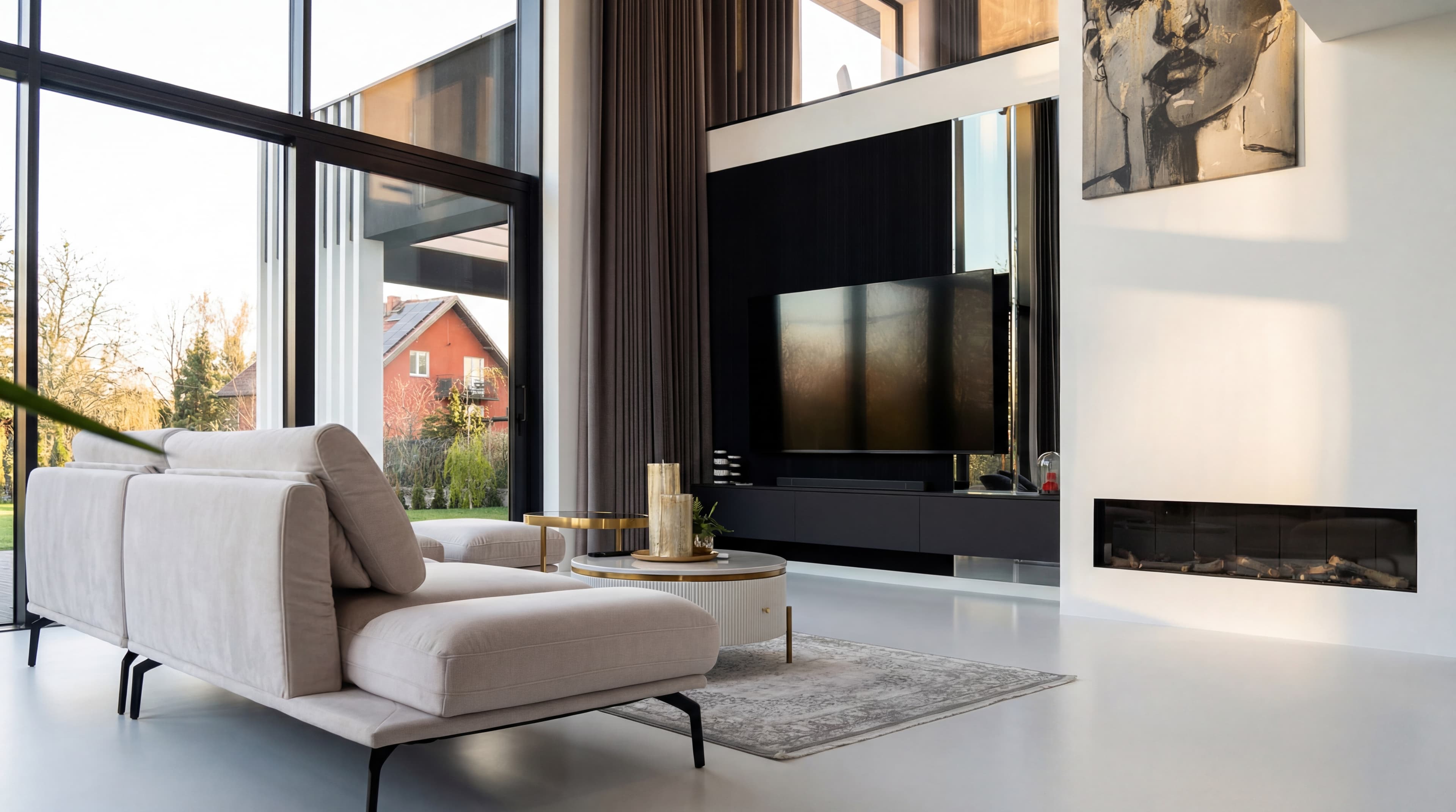 TV Wall — Cream furniture on seamless microcement