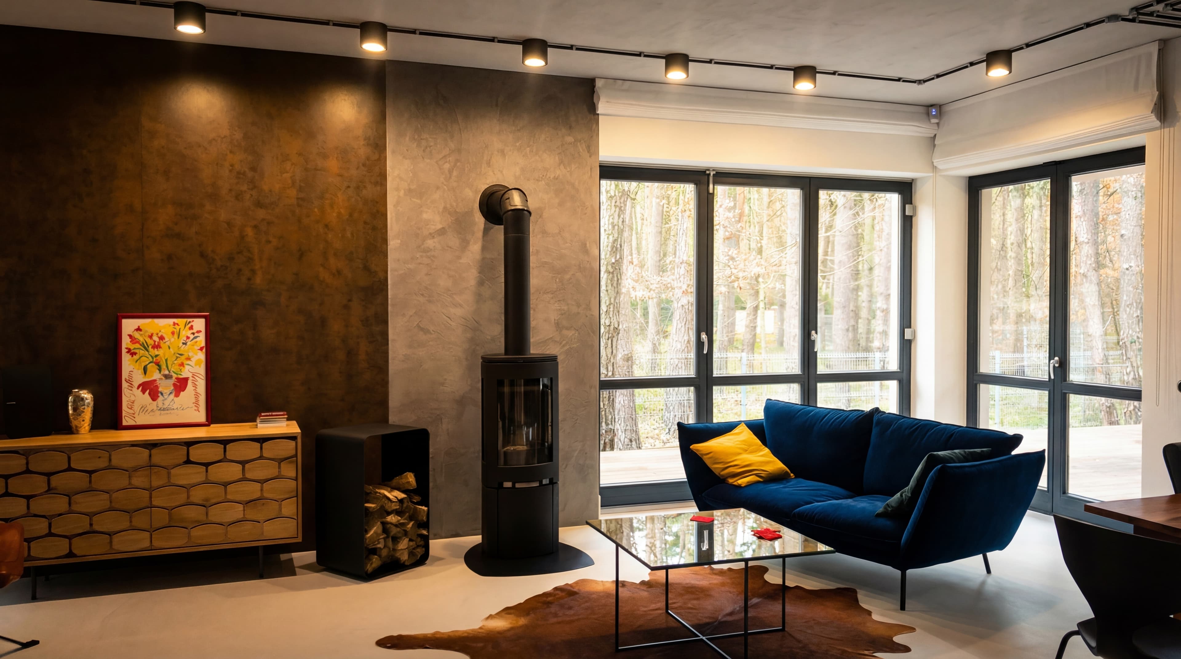 Dark Lodge — Metallicum rust wall with freestanding wood stove