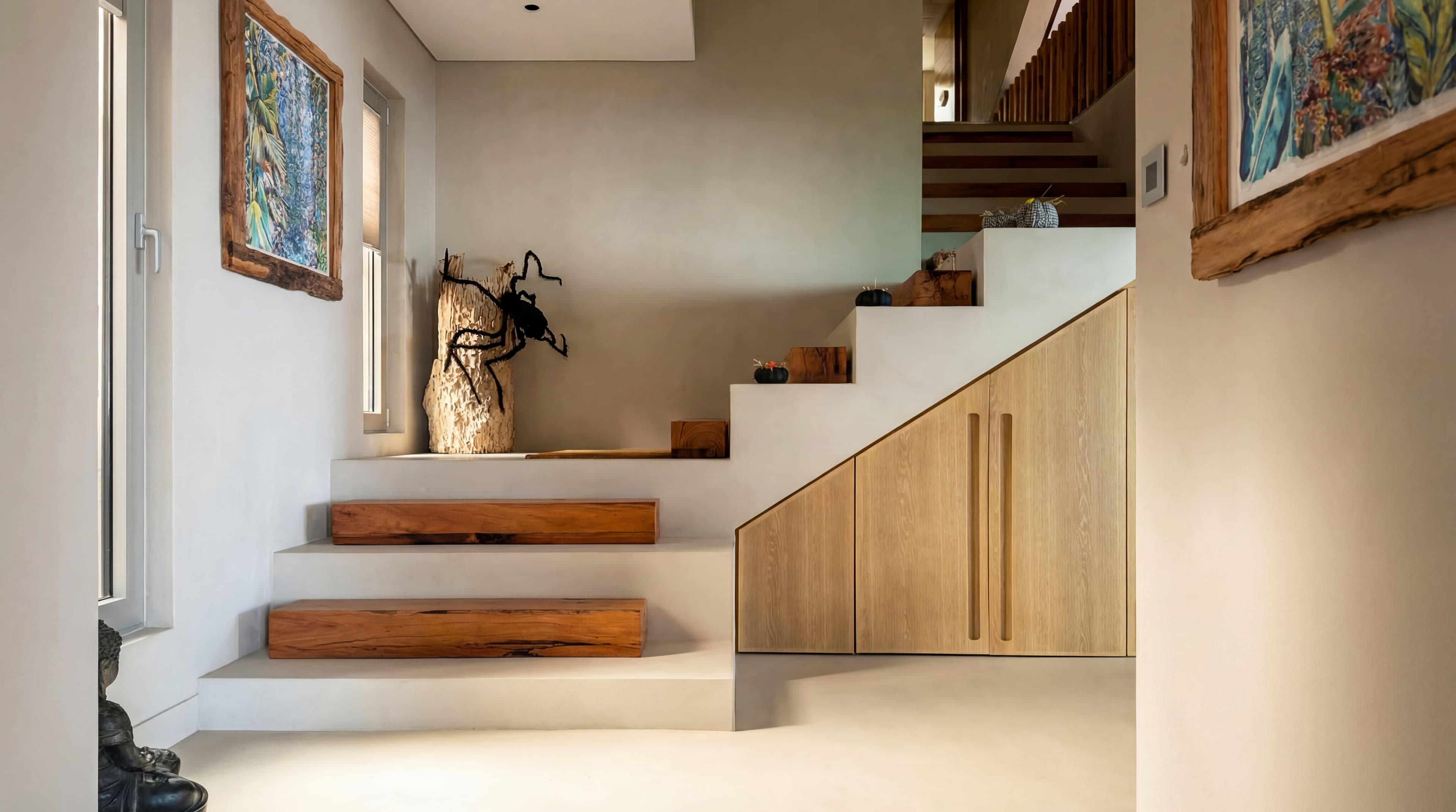 Floating Stairs — Wood treads with metal insect sculpture