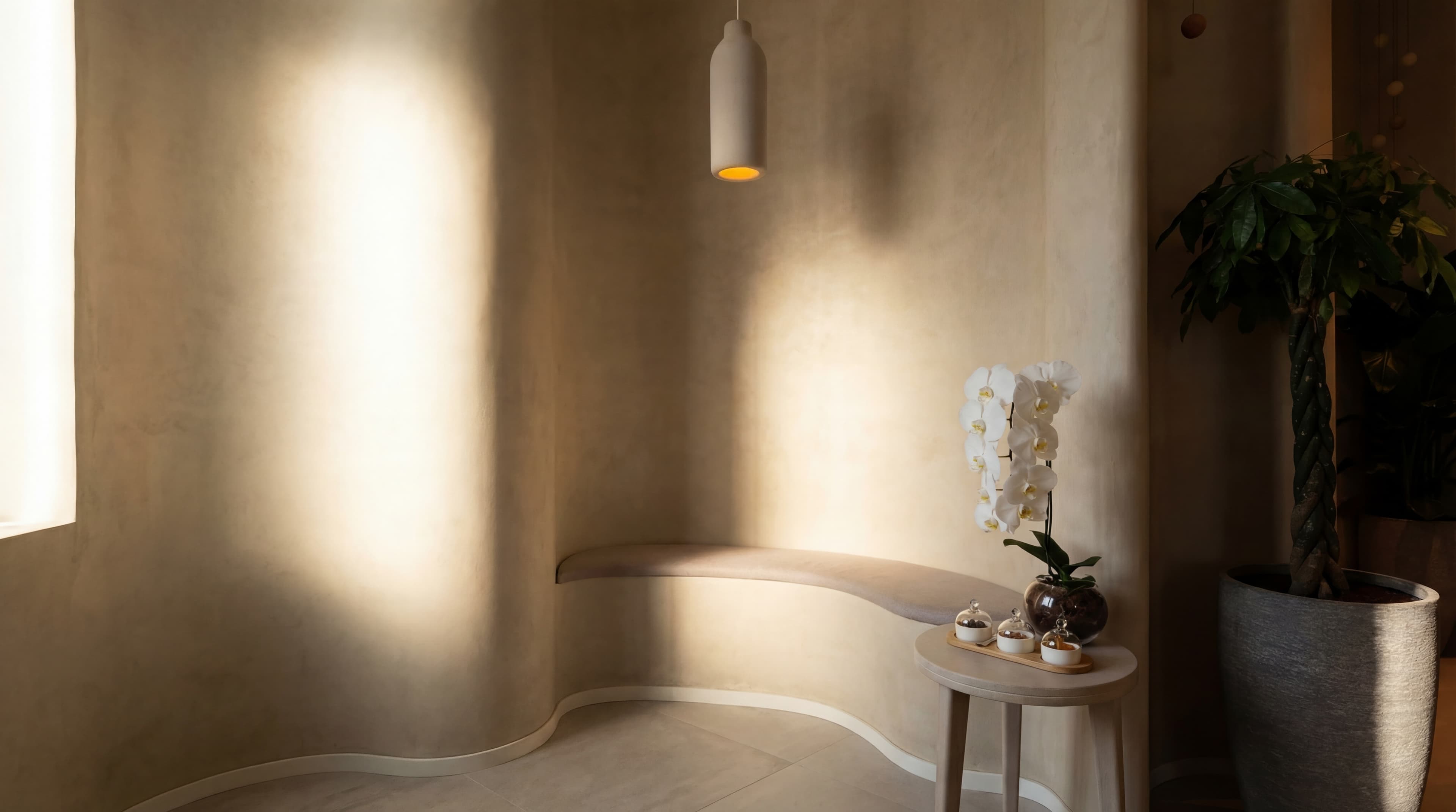 Organic Bench — Curved built-in seating with orchid