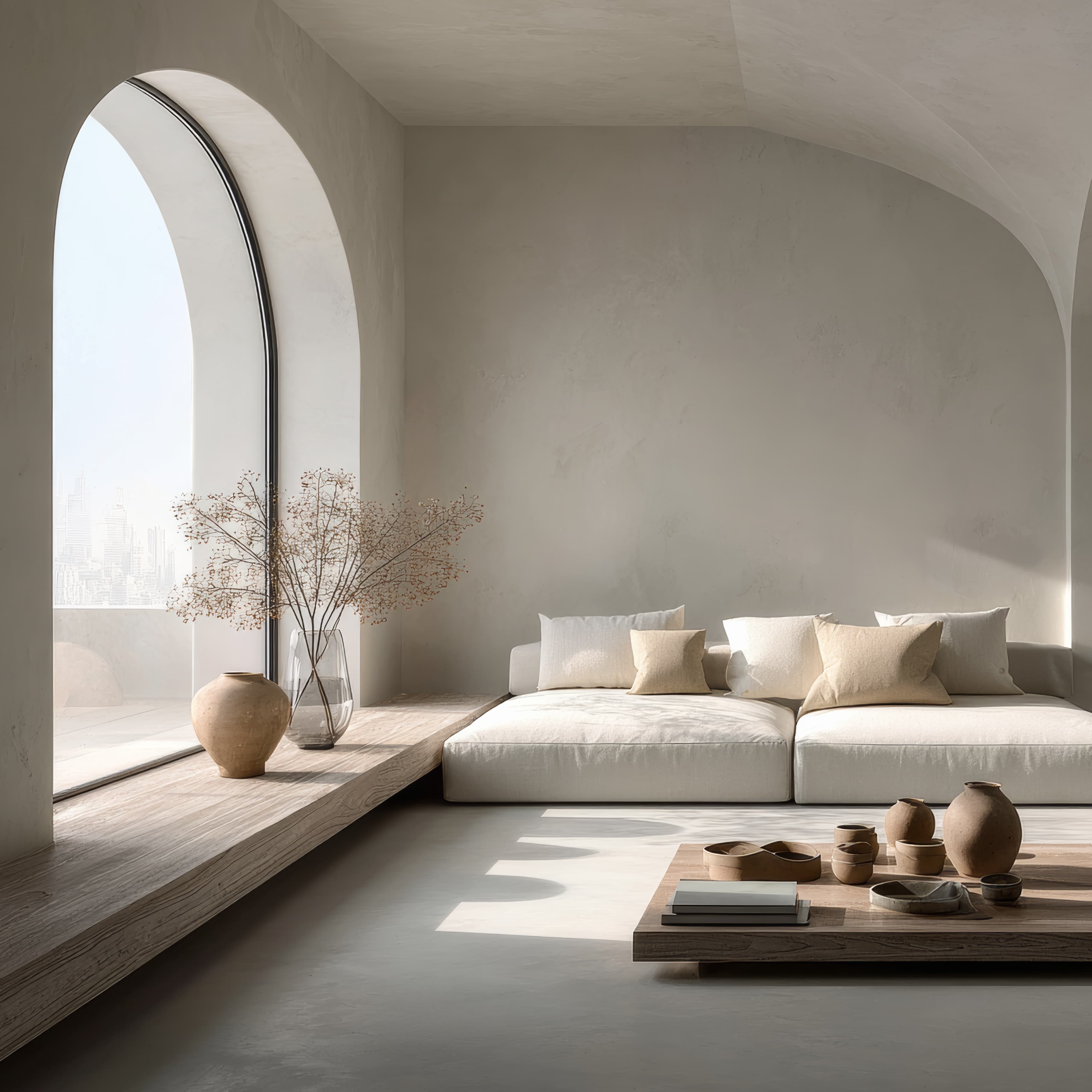 Seamless microcement walls in a modern arched living room