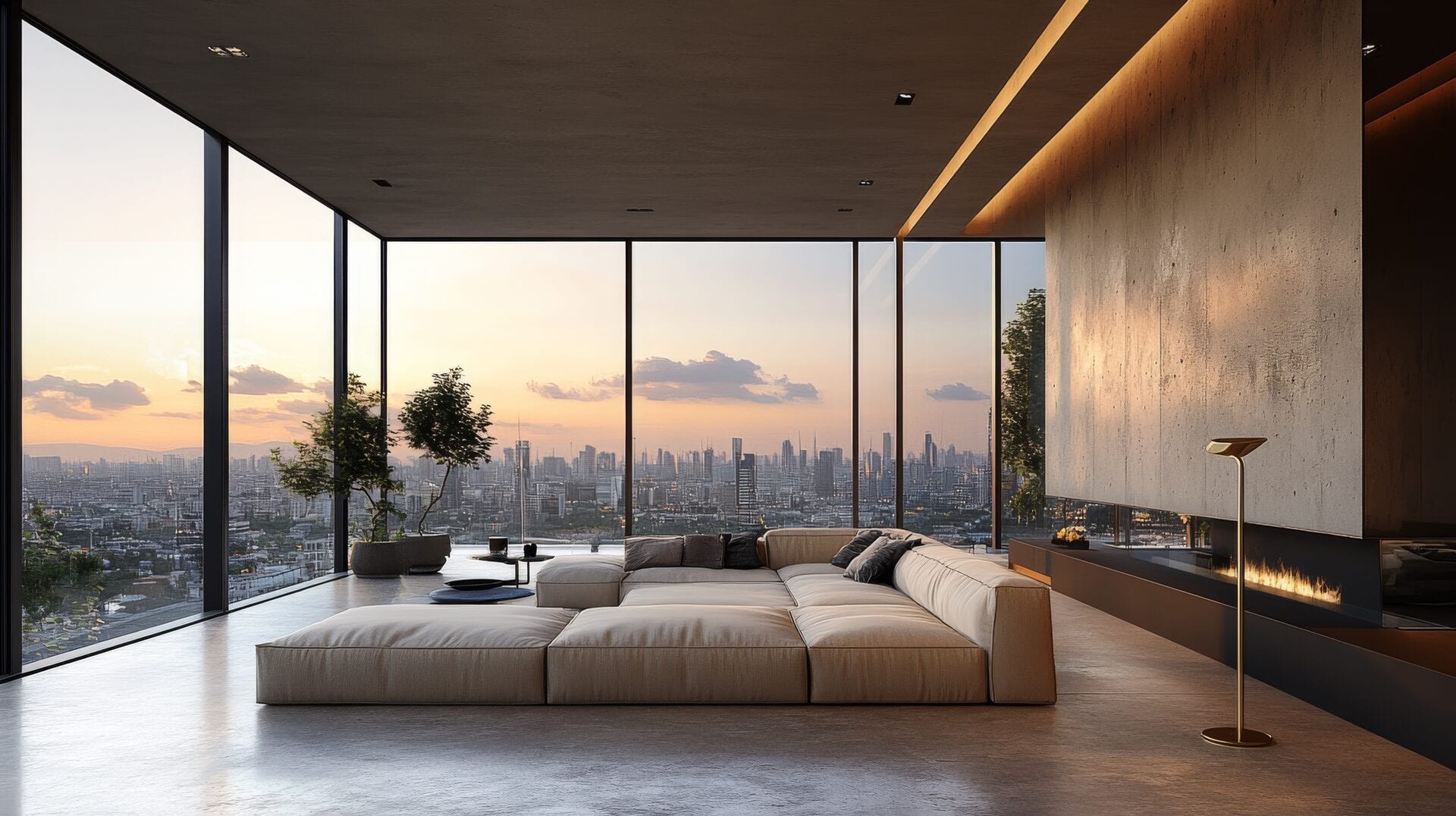 Seamless microcement floor in a penthouse living room, only a few millimeters thick