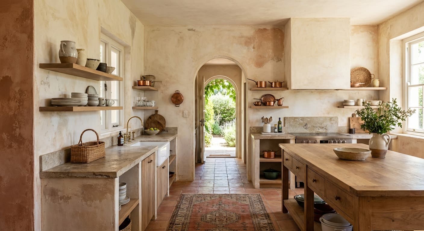 Coastal modern kitchen with limewash walls Houston