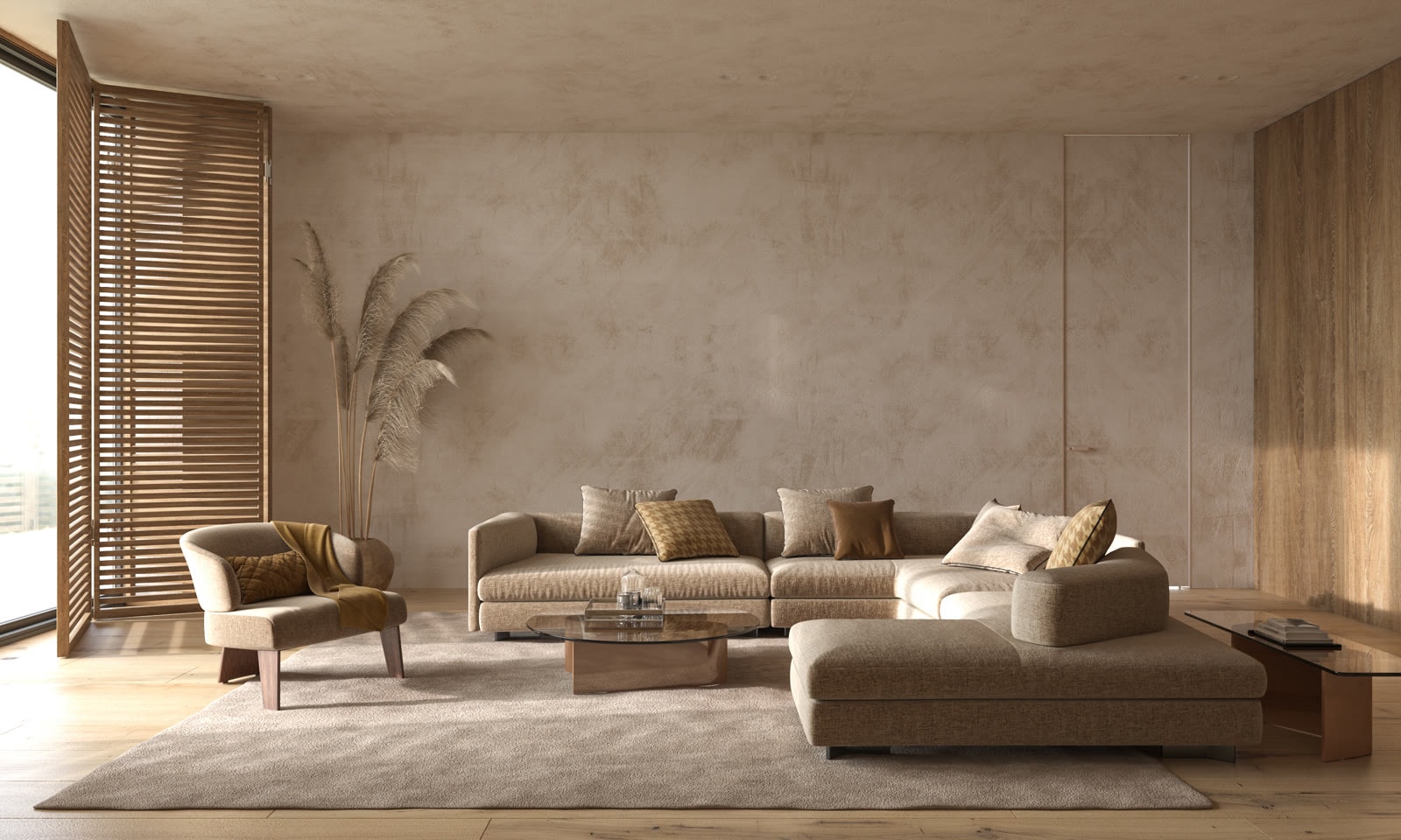 Modern living room with microcement floors in Los Angeles